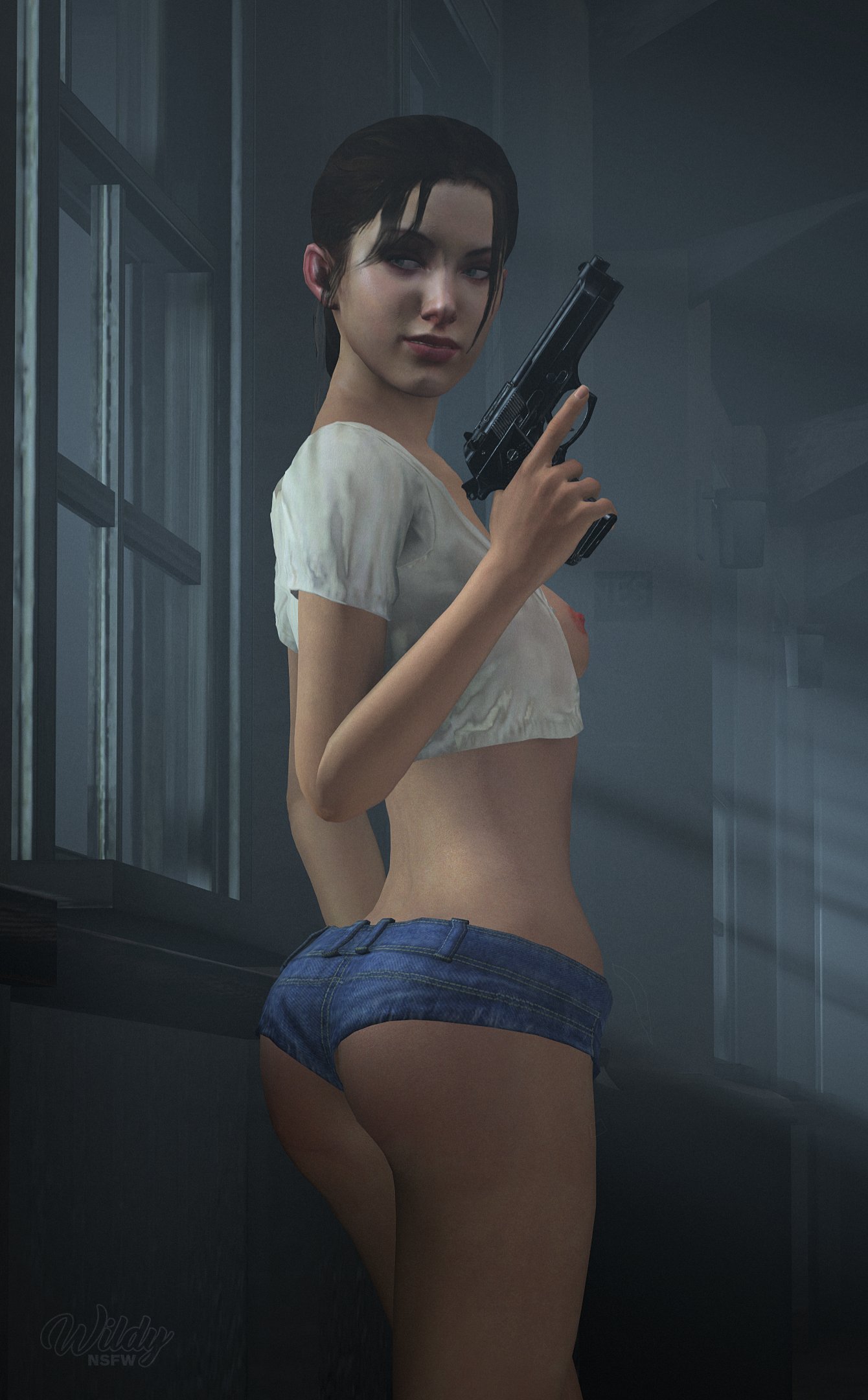 1girls, 3d, alternate version available, areolae, ass, athletic, athletic female, bare midriff, blue eyes, bottomless, breasts, breasts out, brown hair, bubble ass, bubble butt, busty, crop top, female, female focus, female only, firearm, fit, fit female, gun, hotpants, hourglass figure, human, human female, human only, left 4 dead, left 4 dead (series), long hair, looking back, mini short, naughty face, nipples, nude, pistol, ponytail, pose, posing, short shorts, shorts, skinny, small breasts, solo, tagme, tied hair, valve corporation, weapon, wide hips, wildynsfw, zoey (left 4 dead)