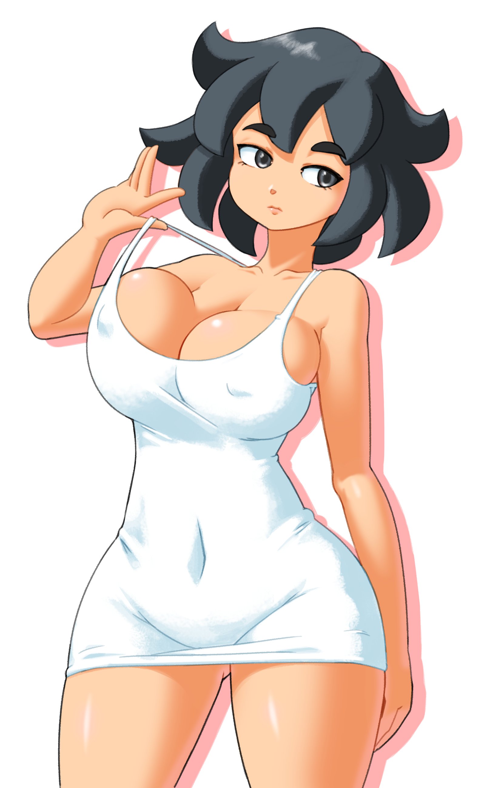 1girls, belly button, big breasts, black eyes, black hair, breasts, erect nipples, female, female only, looking to the side, minus8, nipple bulge, nipples, no panties, original, shadow, solo, solo female, summer7, tight clothing