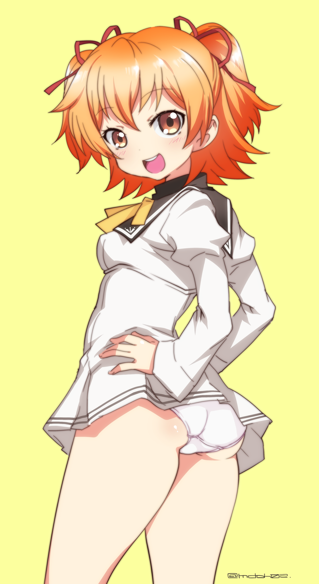 ass blush breasts clothing female happy legs looking_at_viewer mudou_eichi orange_eyes orange_hair ore_ga_ojou-sama_gakkou_ni_"shomin_sample"_toshite_rachirareta_ken panties ribbon school_uniform schoolgirl short_hair simple_background skirt smile solo standing tenkuubashi_aika thighs underwear white_panties