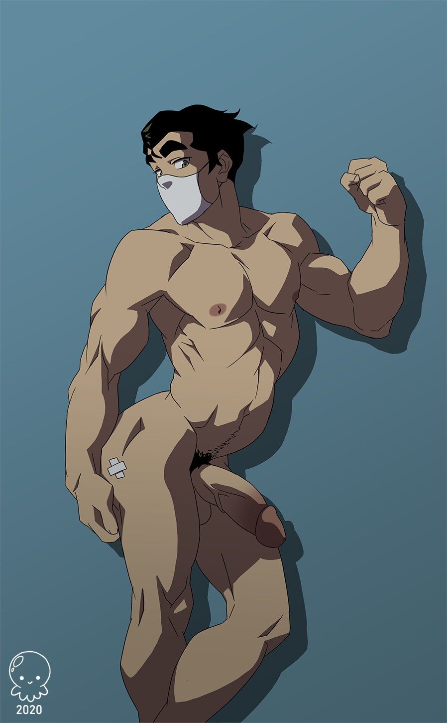 1boy 2020 5_fingers arms artist_name ass avatar_legends balls bandage bara biceps big_penis black_hair blue_background bolin character_name circumcised color copyright_name coronavirus covid-19_pandemic digital_media_(artwork) erection eyebrows eyes fingers flexing glans green_eyes hair hands legs male male_only mask muscle muscles muscular muscular_male navel nickelodeon nipples pale-skinned_male pale_skin pecs penis pinup plain_background pose pubic_hair shadow short_hair smooth_skin solo solo_male surgical_mask tentaclicious testicles the_legend_of_korra uncensored url vein veiny_penis