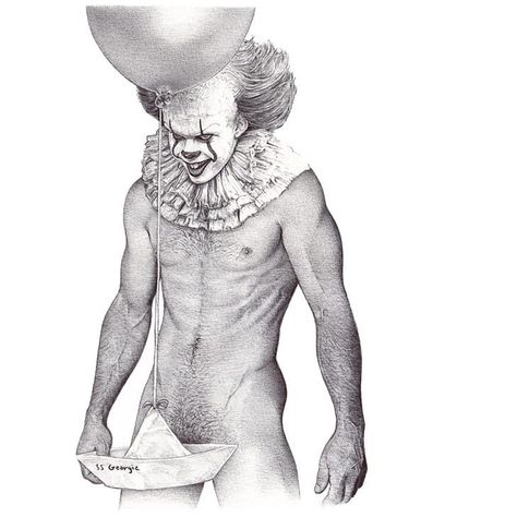 1boy black_and_white clown horror it male male_only muscular_male nude pennywise solo wright_(artist)