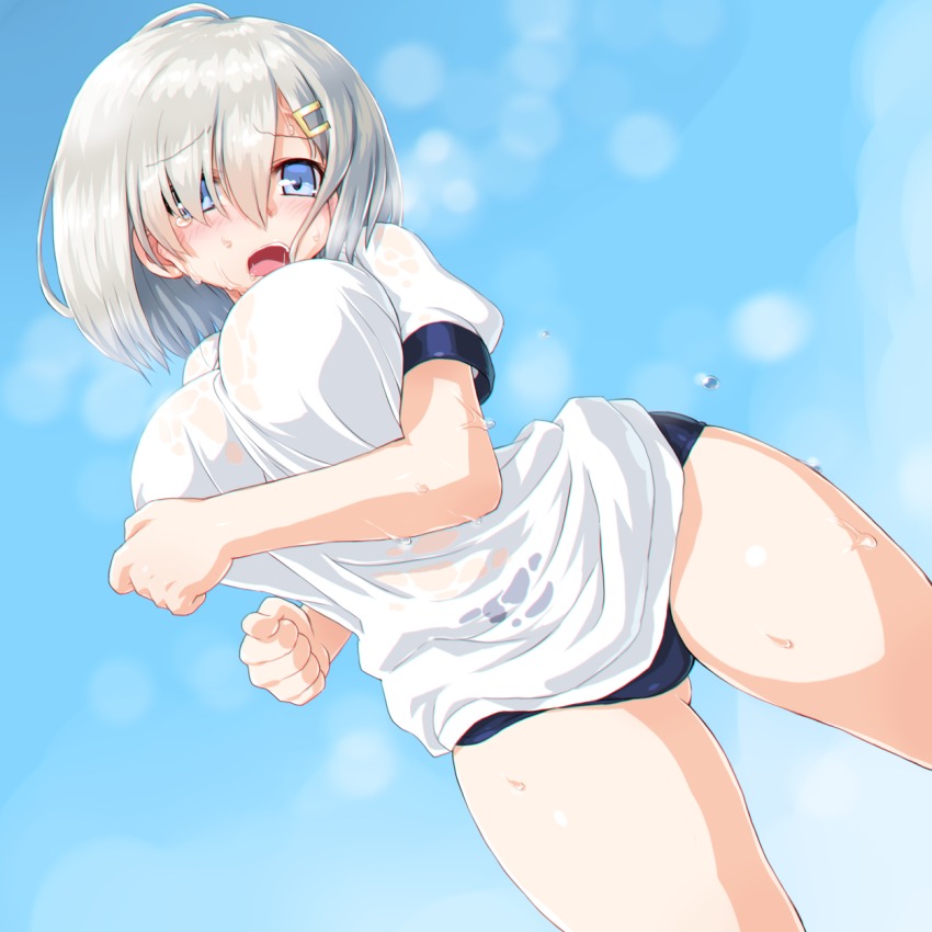 10s, blue eyes, breasts, breath, buruma, dd (ijigendd), dutch angle, eyebrows visible through hair, female, gluteal fold, gym uniform, hair ornament, hair over one eye, hairclip, hamakaze (kantai collection), heavy breathing, highres, kantai collection, large breasts, open mouth, running, see-through, shirt, short hair, silver hair, solo, sweat, tears, thighs, wet, wet clothes, wet shirt