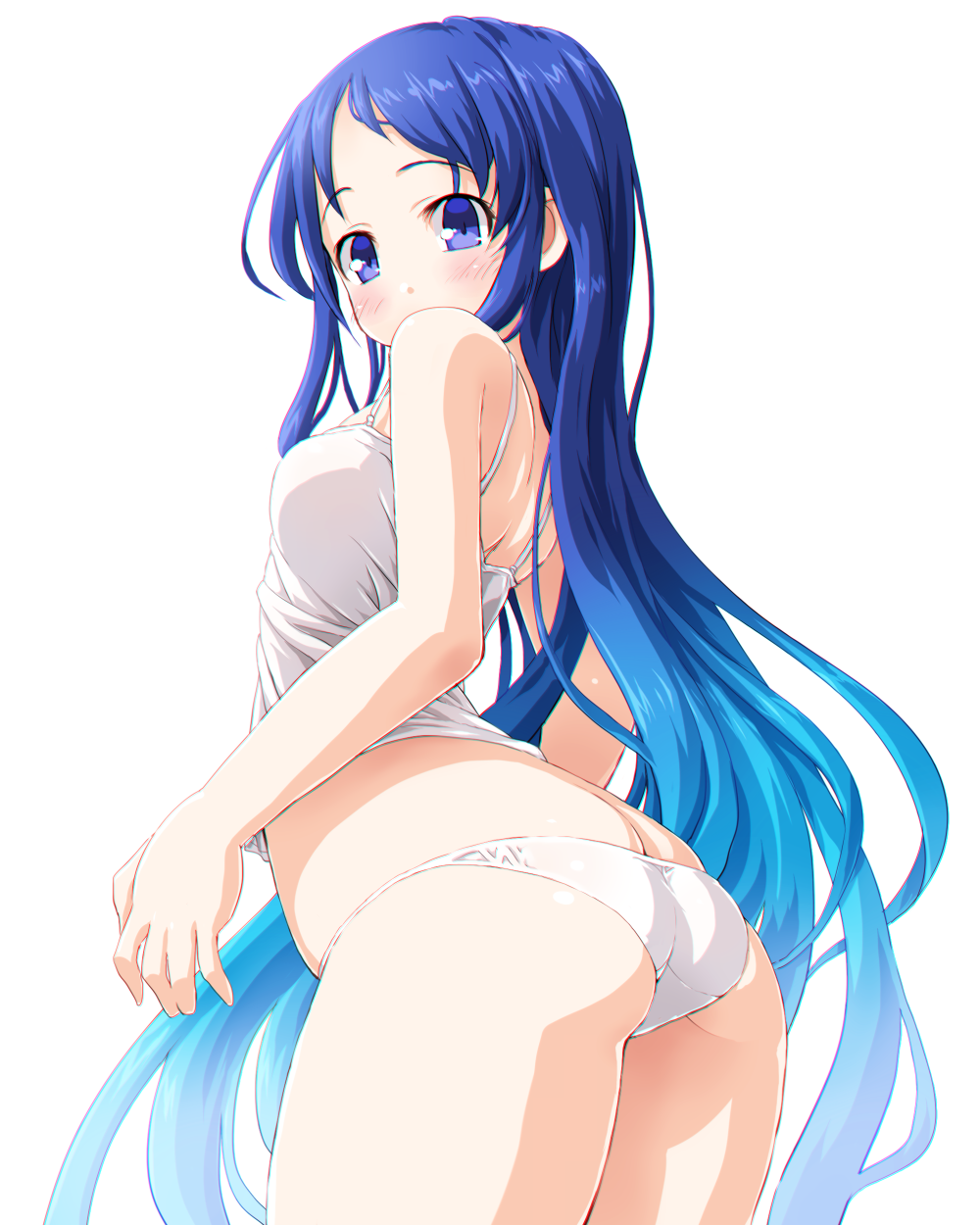 aqua_hair arched_back ass ass_cleavage blue_eyes blue_hair blush breasts butt_crack camisole cowboy_shot dd_(ijigendd) facing_viewer female from_side gradient_hair highres kantai_collection long_hair looking_at_viewer multicolored_hair panties samidare_(kantai_collection) simple_background small_breasts solo string_panties two-tone_hair underwear underwear_only very_long_hair white_background white_panties