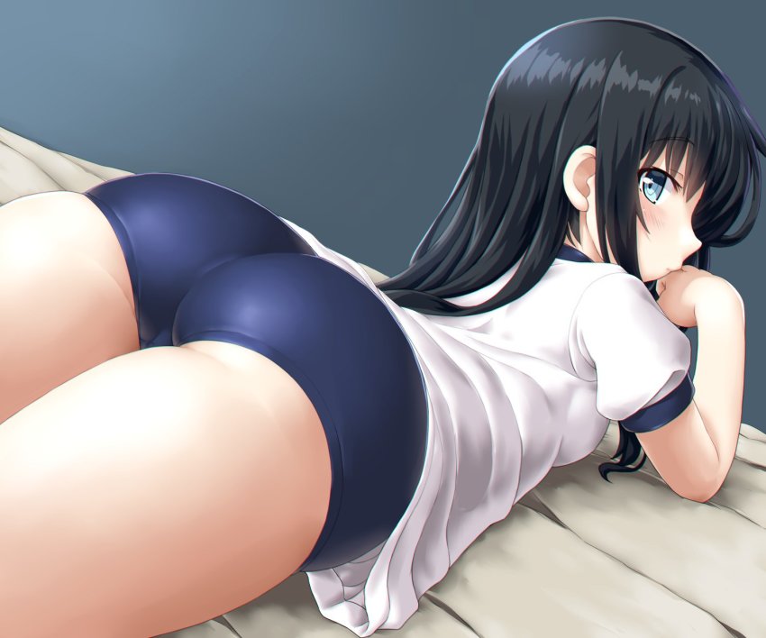 asashio_(kantai_collection) ass bed_sheet black_hair blue_buruma blue_eyes blush breasts buruma closed_mouth dd_(ijigendd) eyebrows_visible_through_hair female grey_background gym_shirt gym_uniform hand_on_own_cheek highres kantai_collection long_hair looking_at_viewer looking_back lying on_bed on_stomach shirt short_sleeves small_breasts solo white_shirt