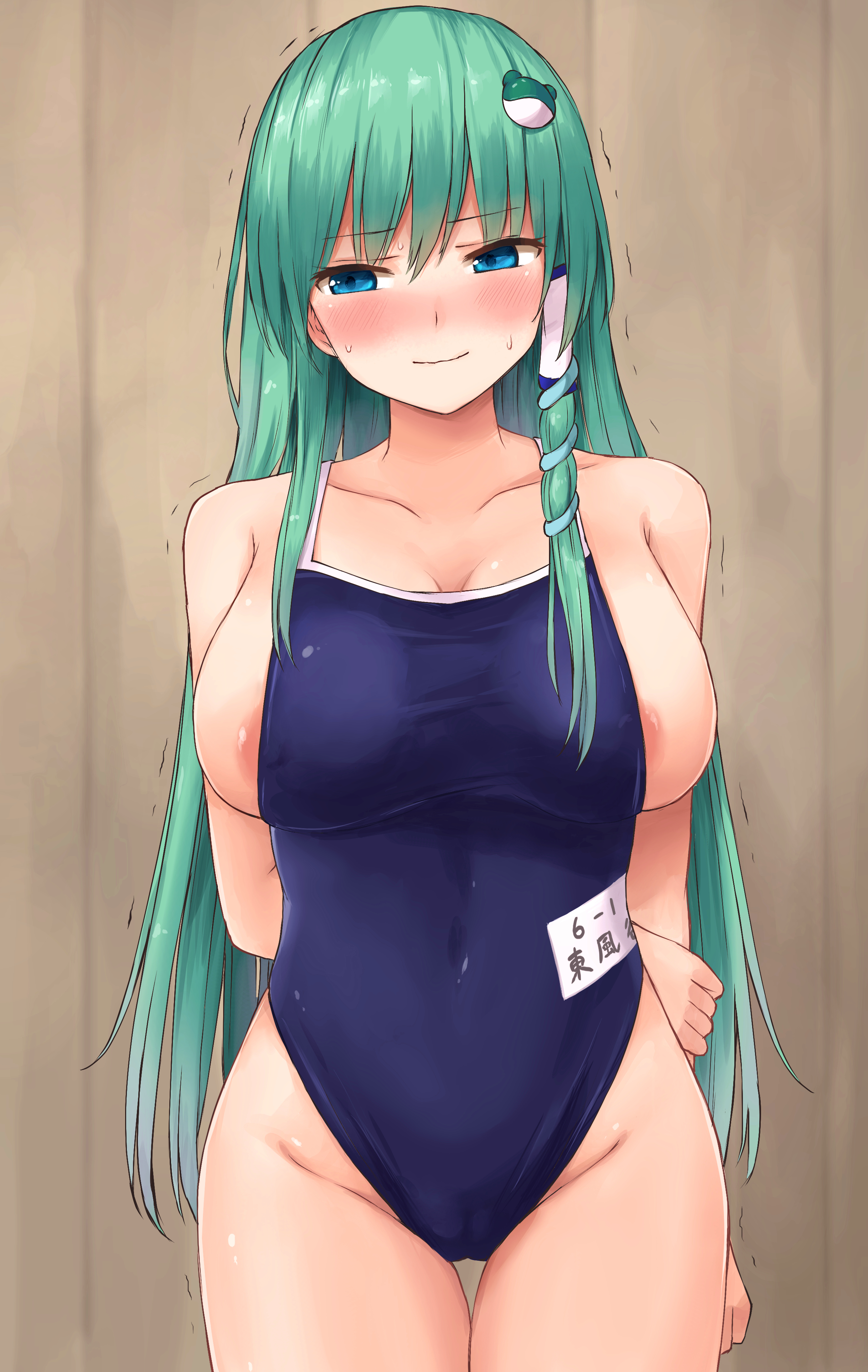 1girls, areola, areola slip, areolae, areolae slip, arms behind back, big breasts, blue eyes, blush, breasts, cameltoe, closed mouth, collarbone, embarrassed, female, female focus, female only, front view, green hair, hair ornament, half-closed eyes, light skin, light-skinned female, long hair, looking to the side, one-piece swimsuit, pussy, sanae kochiya, shy, skin tight, solo, solo female, swimsuit, tight fit, touhou, trembling