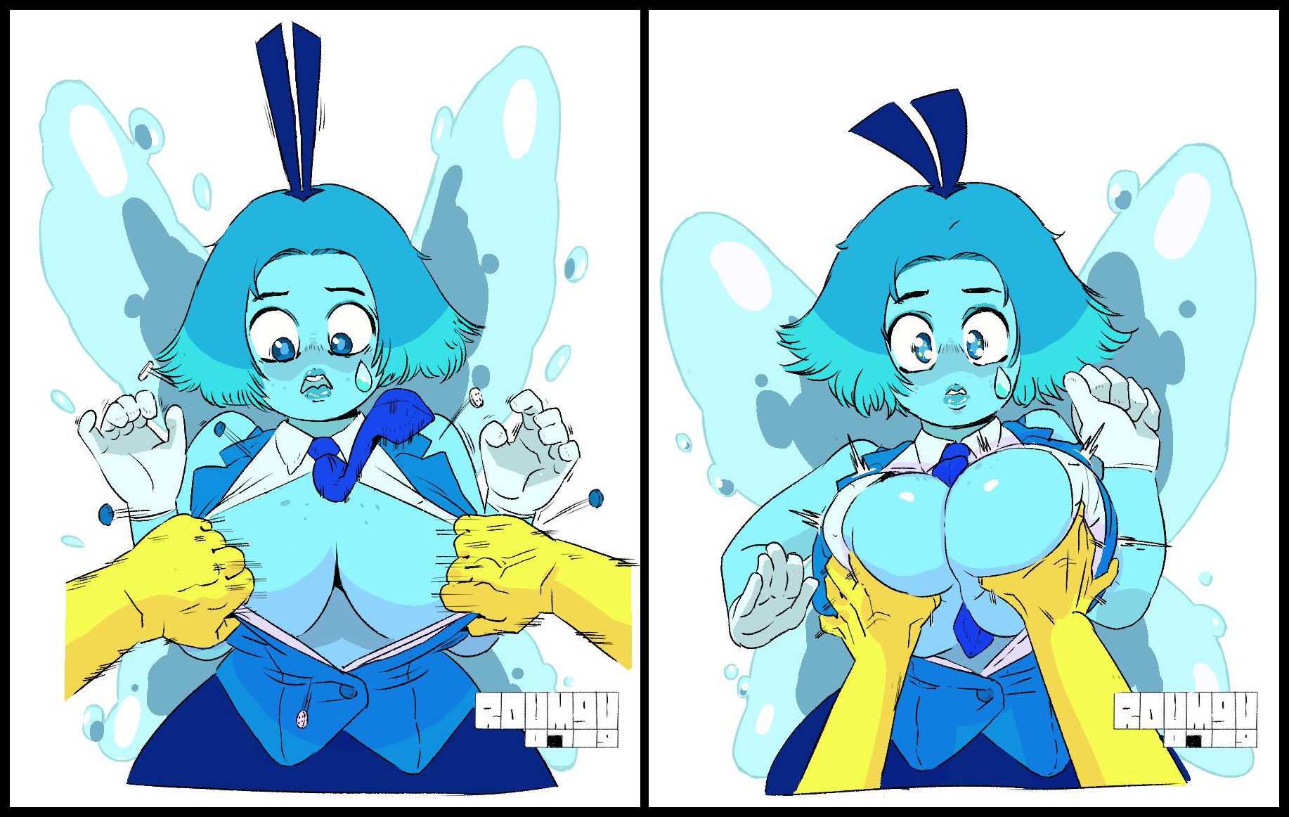 aquamarine (steven universe), big breasts, blue eyes, blue hair, blue lips, blue skin, blush, blushing, breast grab, breasts, breasts grab, busty, cartoon network, chubby, chubby female, cleavage, fantasy, female, female focus, female only, forced undressing, freckles, gem (species), gem fusion, gloves, grope, groping, groping breasts, hourglass figure, large breasts, lipstick, open vest, pose, posing, roumgu, short hair, shortstack, skirt, sleeveless, sleeveless shirt, standing, steven universe, tagme, tie, topaz (steven universe), vest, wide hips, wings, yellow skin