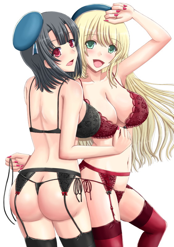 ass atago_(kantai_collection) black_lingerie bra cleavage garter_belt hat kantai_collection lingerie oyabun_(higashi) panties red_lingerie takao_(kantai_collection)