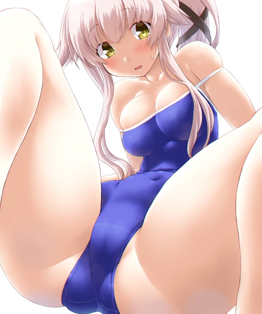 blue_swimsuit blush breasts commentary_request competition_school_swimsuit covered_navel dd_(ijigendd) female hair_flaps hair_ribbon highres kantai_collection large_breasts long_hair one-piece_swimsuit pink_hair ponytail ribbon school_swimsuit side_ponytail smile solo swimsuit very_long_hair yellow_eyes yura_(kantai_collection)