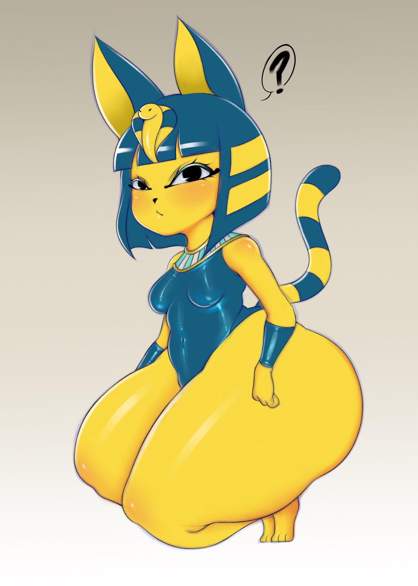 ?, 1girls, 2020, alternate breast size, alternate outfit, animal crossing, ankha, anthro, anthro only, ass, barefoot, big ass, blue fur, blue hair, blush, bottom heavy, bracelet, breasts, clothed, egyptian, eye contact, eyelashes, feline, female, female only, furry, furry only, gradient background, groin, half-closed eyes, hips, huge ass, jewelry, large ass, looking at viewer, navel, nintendo, on knees, open mouth, saltyxodium, short hair, shortstack, simple background, small breasts, solo, swimsuit, thick ass, thick thighs, thighs, voluptuous, wide hips, yellow fur, yellow hair