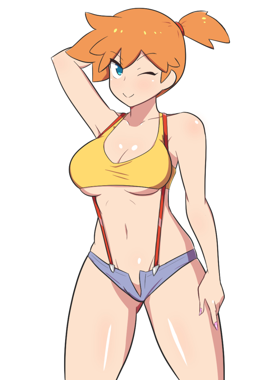 1girls, abs, aged up, alternate breast size, armpits, big breasts, blue eyes, breasts, dd (artist), eye contact, female, female only, human, kasumi (pokemon), light skin, light-skinned female, looking at viewer, nintendo, one eye closed, orange hair, pale skin, pale-skinned female, pokemon, pokemon rgby, short hair, shorts, solo, standing, sweat, thick thighs, thigh gap, thighs, tight clothing, underboob, wide hips