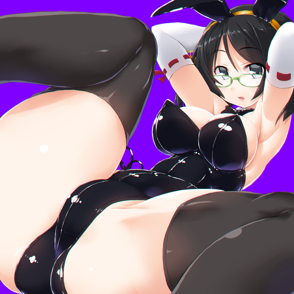 animal_ears arms_behind_head black_hair black_legwear black_leotard breasts bunny_ears bunnysuit crotch dd_(ijigendd) detached_sleeves fake_animal_ears female glasses green-framed_eyewear grey_eyes headgear kantai_collection kirishima_(kantai_collection) large_breasts leotard looking_at_viewer lying on_back open_mouth purple_background remodel_(kantai_collection) ribbon-trimmed_sleeves ribbon_trim short_hair simple_background skindentation solo thighhighs