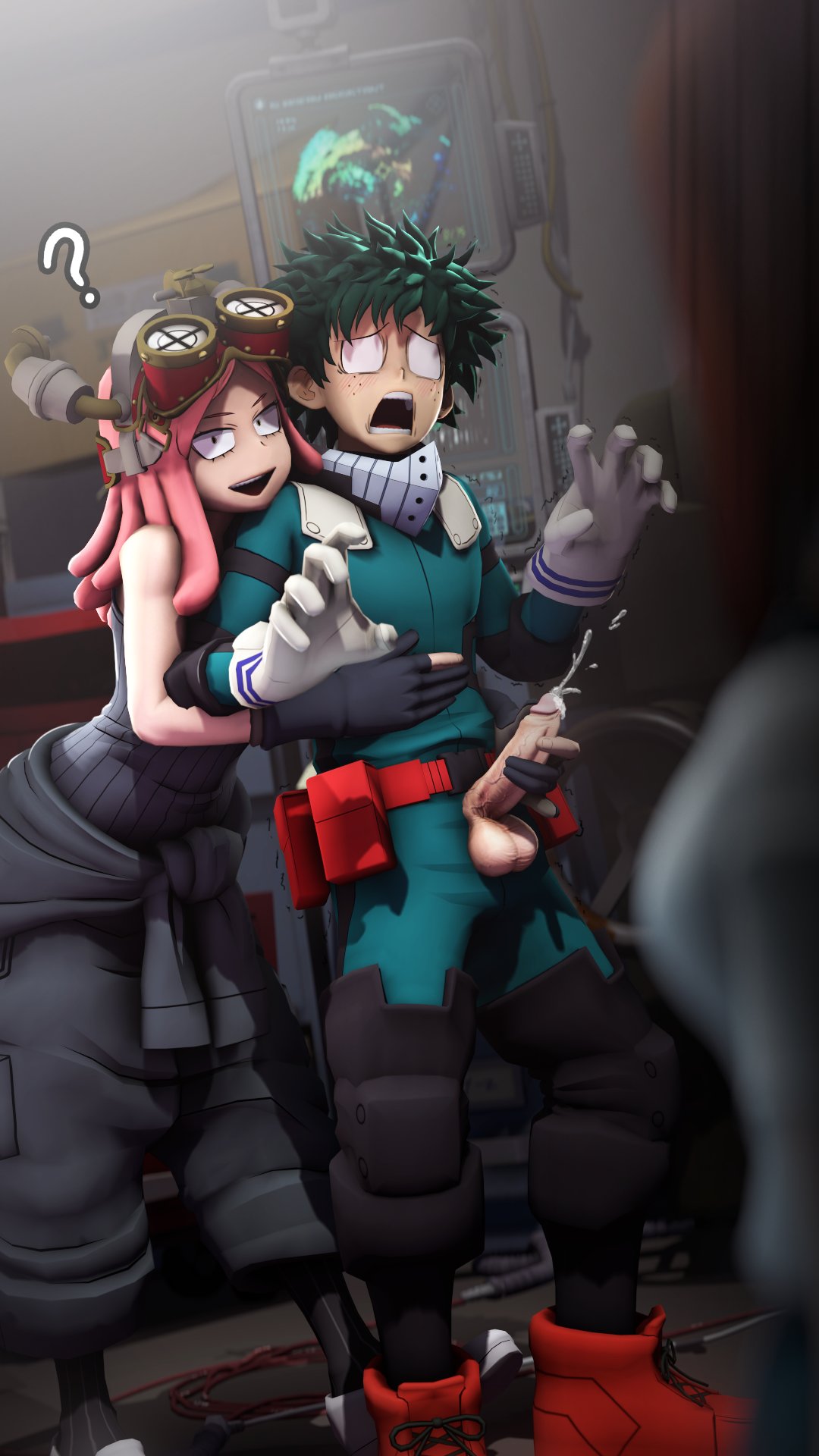 ?, 1boy, 2girls, 3d, balls, blush, brown hair, brown-haired female, caught, caught cumming, cum, cumshot, ejaculation, female, greatm8, green hair, green-haired male, handjob, hero outfit (mha), izuku midoriya, izuku midoriya (hero outfit), male, mei hatsume, midoriya izuku, my hero academia, ochako uraraka, open mouth, penis, pink hair, pink-haired female, pupilless eyes, shounen jump, surprised