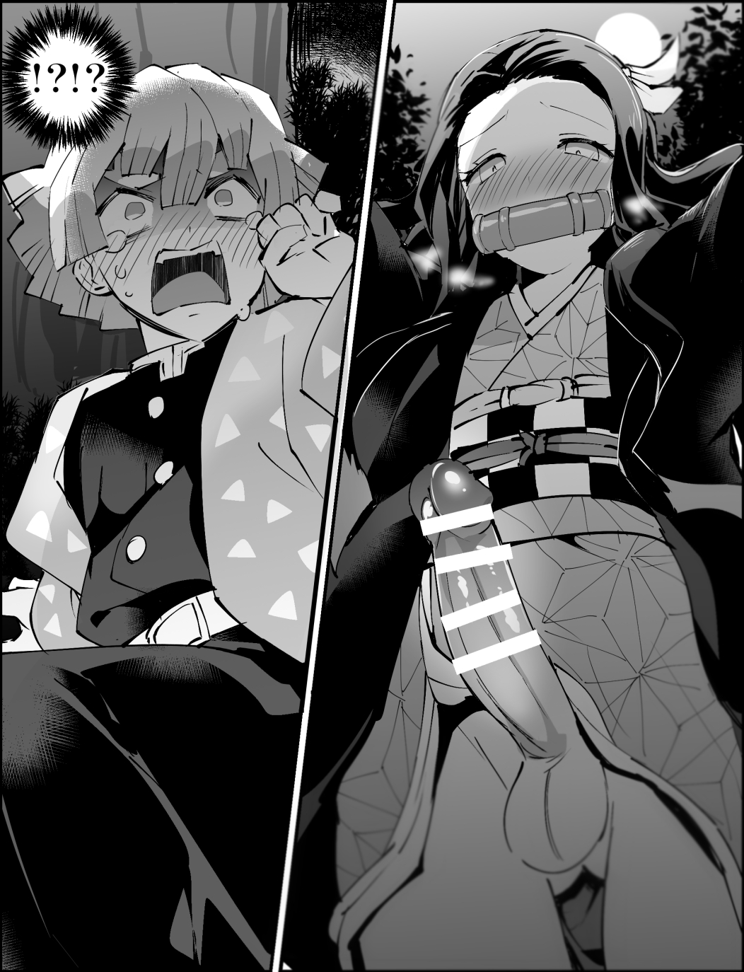 !, !?, ?, 1boy, 1futa, balls, big penis, blush, blushing, bottomless, censored, demon slayer, erection, full-package futa, futa with male, futanari, greyscale, haori, huge cock, imminent anal, imminent rape, intersex, kamado nezuko, kimetsu no yaiba, kimono, large penis, long hair, looking down, male, monochrome, no panties, obi, penis, penis awe, presenting balls, presenting penis, standing, tears, unusual anatomy, unusual eyes, unusual pupils, yu11ma11, zenitsu agatsuma