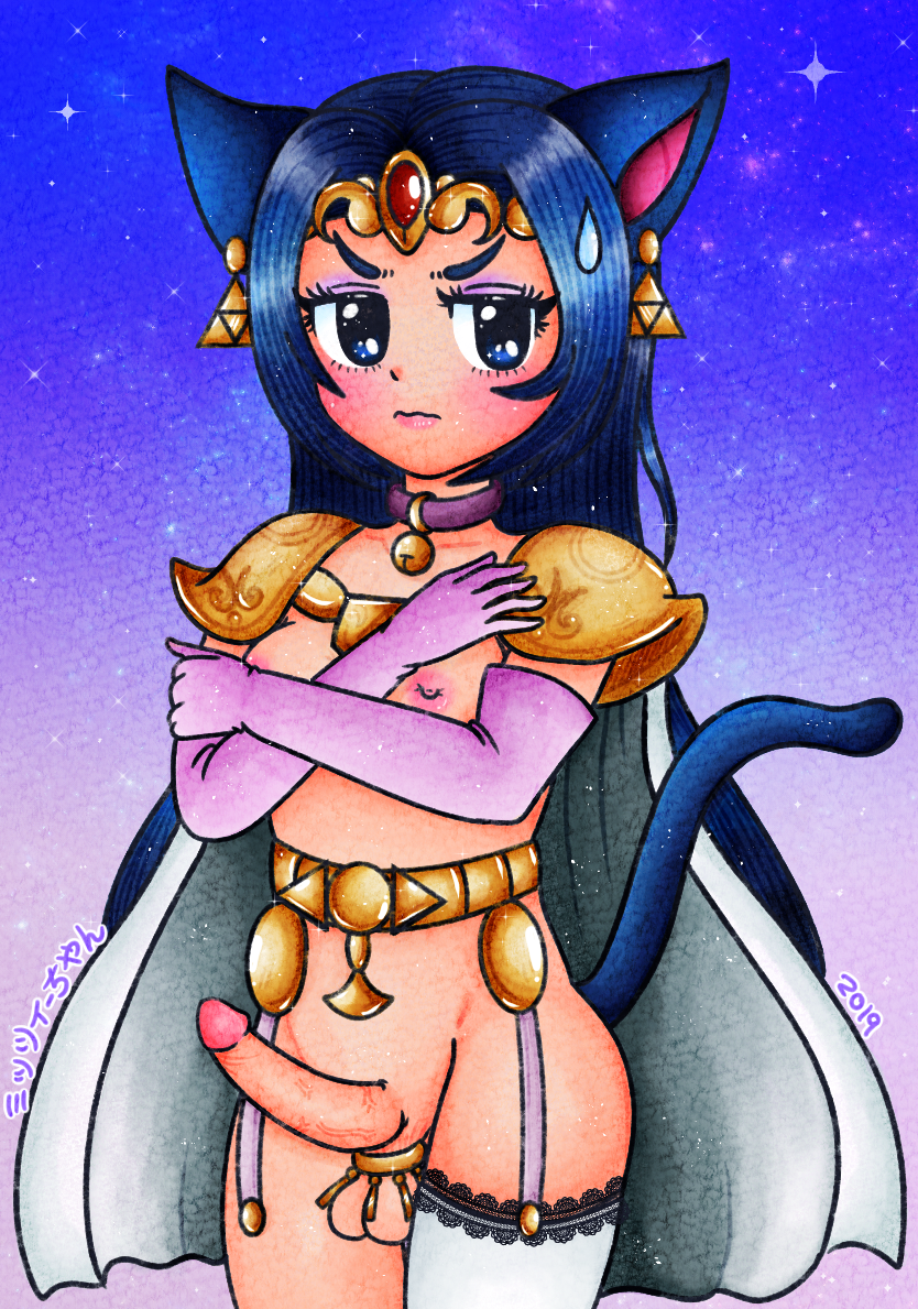 annoyed blue_eyes blue_hair blush blush cape cat_collar cat_ears cat_girl cat_tail circlet cock_ring cosplay erect_nipples erect_penis futa_only futanari futanari garter_belt gold lace-trimmed_thighhighs lipstick long_hair makeup mitzi-chan mitzi-chan_(artist) oc pale-skinned_female pink_gloves skinny skinny_girl small_breasts stocking sweatdrop triforce_earrings veiny_penis