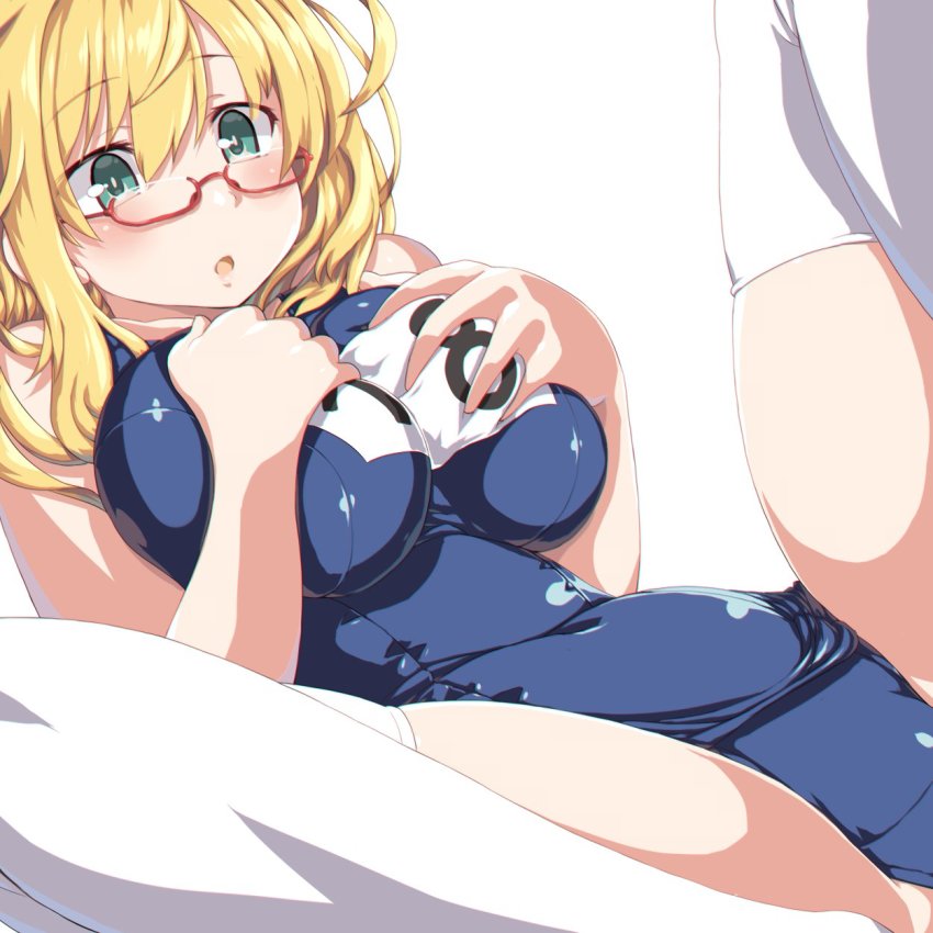 :o bangs blonde_hair blue_hair blue_swimsuit blush breasts dd_(ijigendd) eyebrows_visible_through_hair female glasses highres i-8_(kantai_collection) kantai_collection large_breasts long_hair name_tag one-piece_swimsuit open_mouth red-framed_eyewear school_swimsuit semi-rimless_eyewear simple_background solo swimsuit thighhighs white_background white_legwear