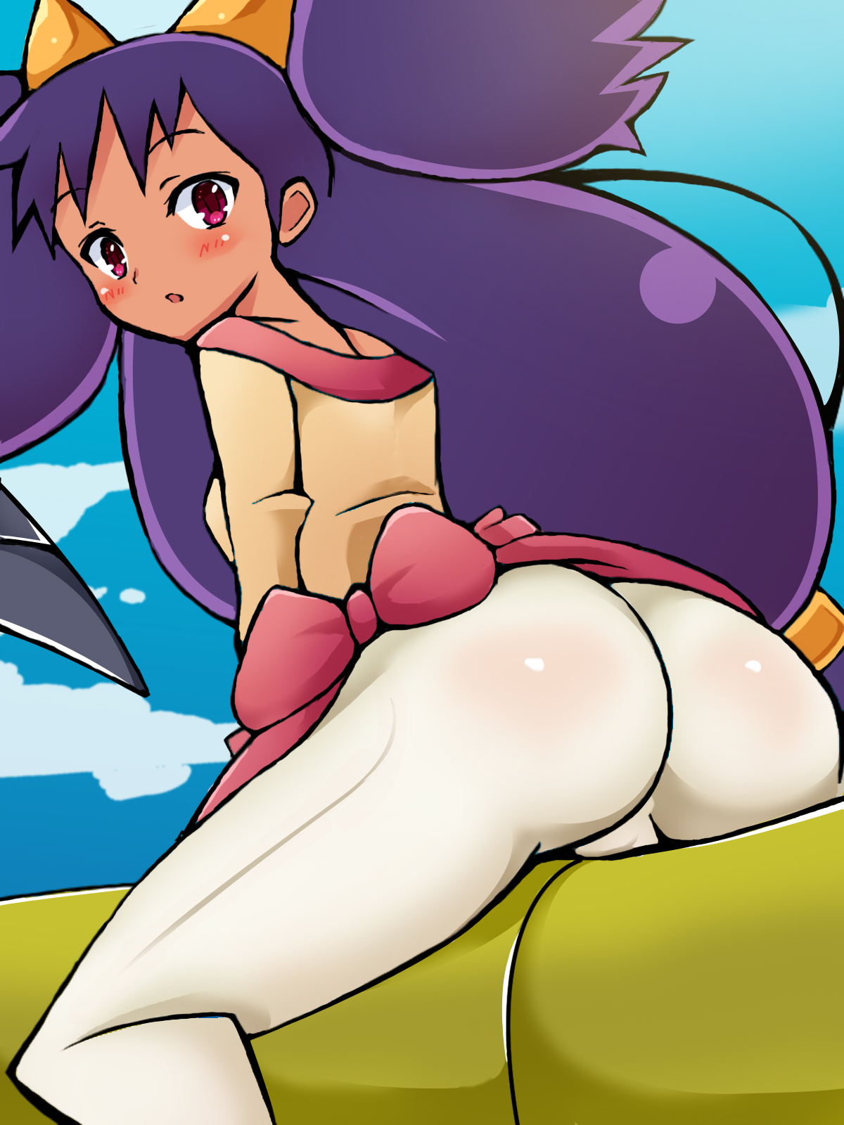 1girls, 2014, ass, big ass, black hair, blush, bow, cameltoe, chro, dark skin, dark-skinned female, female, female only, hair ornament, hair tubes, highres, human, human only, iris (pokemon), long hair, looking at viewer, looking back, nintendo, pants, pink eyes, pokemon, pokemon bw, purple hair, pussy, red eyes, sitting, skin tight, sky, solo, straddling, thick thighs, two side up, very long hair, wide hips