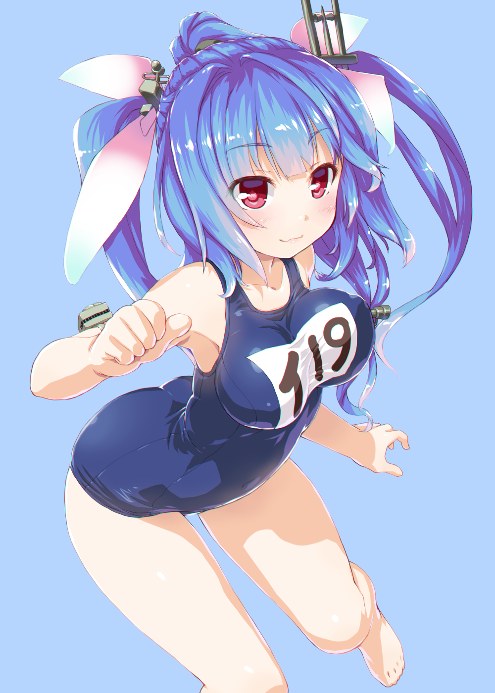 arm_strap ass blue_background blue_swimsuit blush breasts collarbone dd_(ijigendd) female hair_ornament hair_ribbon highres i-19_(kantai_collection) kantai_collection long_hair looking_at_viewer medium_breasts one-piece_swimsuit purple_hair red_eyes ribbon school_swimsuit simple_background smile solo swimsuit tri_tails wavy_mouth