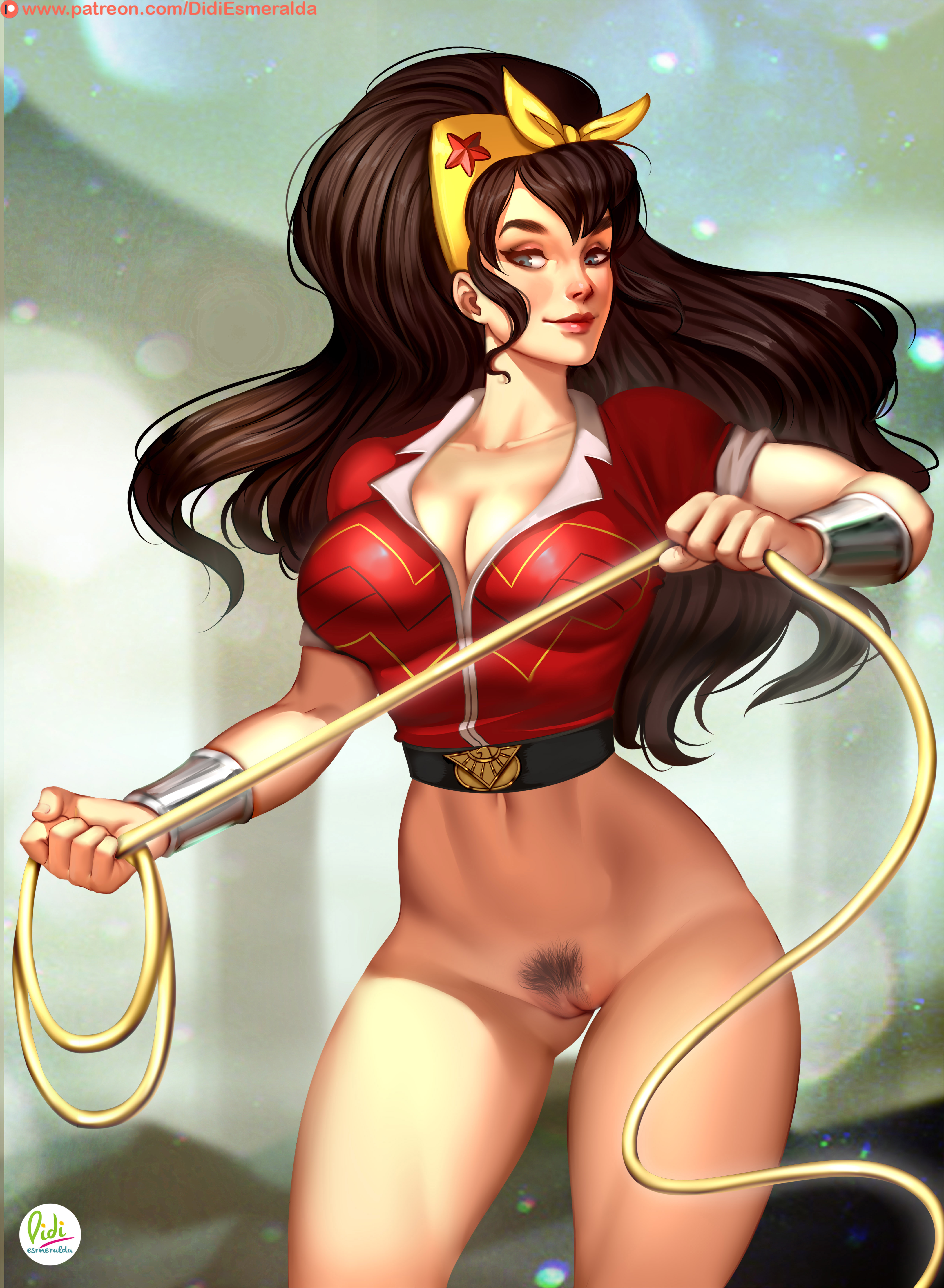 blue eyes, bottomless, brown hair, dc, dc comics, diana prince, didi esmeralda, female, innie pussy, pubic hair, pussy, solo, vagina, whip, wonder woman, wonder woman (series)