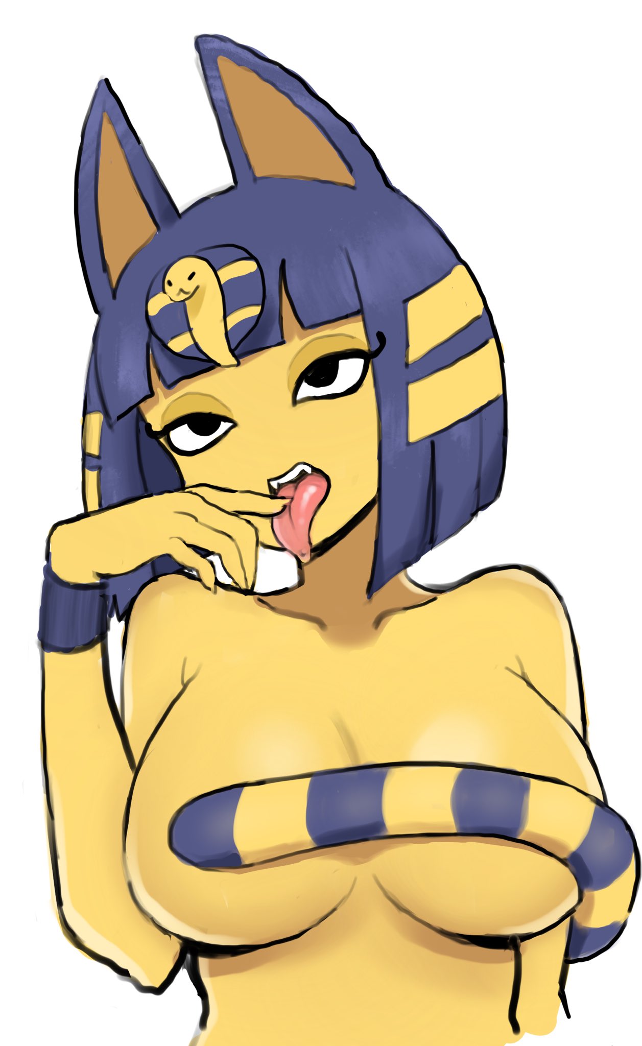 1girls, animal crossing, animal ears, animal tail, ankha, ankha (animal crossing), anthro, black eyes, blue eyeliner, blue hair, bob cut, breasts, cat ears, cat girl, cat tail, catgirl, covering nipples, cute, egyptian, eye contact, eyelashes, eyeliner, feline, feline humanoid, female, finger to mouth, fringe, fur, furry, half-closed eyes, jorin, large breasts, looking at viewer, medium hair, nintendo, nude, open mouth, petite, seductive mouth, solo, stripes, tail, teenager, tongue, tongue out, topless, yellow fur