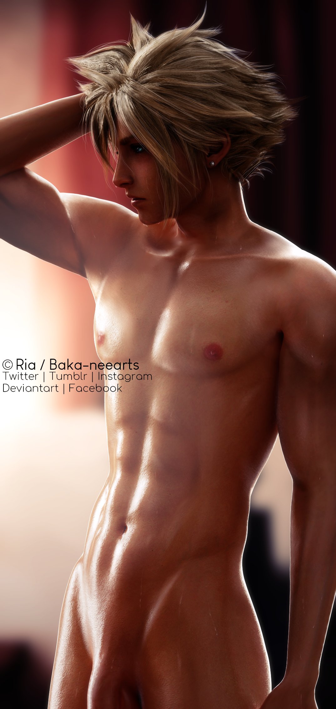 1boy, 3d, abs, blender, blonde hair, cloud strife, completely nude, earrings, final fantasy, final fantasy vii, final fantasy vii remake, fit, flaccid, male, male only, muscles, muscular, muscular male, nude, penis, ria-neearts, shaved, shaved crotch, shiny skin, solo, spiky hair, square enix, sweat, thick penis, twunk, uncensored, v-line, yaoi