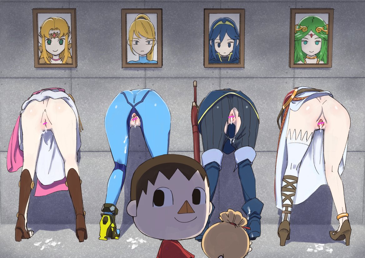 1boy, 4girls, a link between worlds, after sex, animal crossing, bondage, bottomless, crossover, cum, cum in pussy, cum inside, cum leaking, female, fire emblem, fire emblem awakening, kid icarus, lineup, lucina (fire emblem), male, metroid, nintendo, no panties, palutena, princess zelda, pussy, samus aran, slave, stuck in wall, super smash bros., the legend of zelda, through wall, tibonobannsann, villager (animal crossing), wall, zelda (a link between worlds)