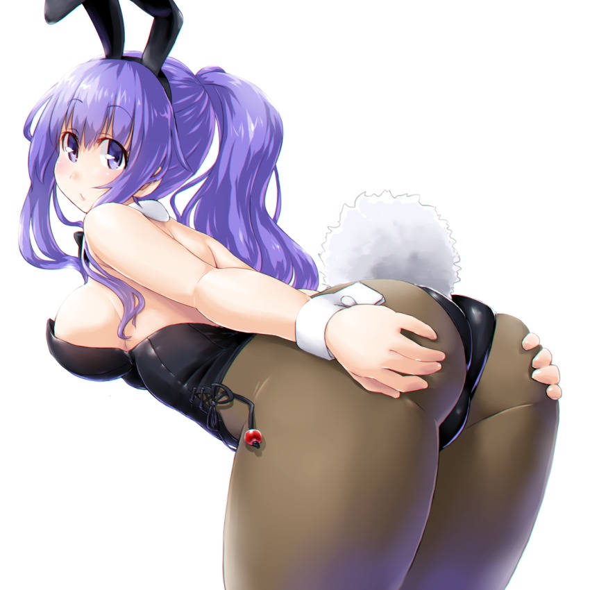 animal_ears ass ass_grab bare_shoulders bent_over breasts bunny_ears bunny_girl bunny_tail bunnysuit cowboy_shot dd_(ijigendd) detached_collar eyebrows_visible_through_hair fake_animal_ears female from_side grey_legwear hairband hands_on_own_ass highres leotard long_hair looking_at_viewer medium_breasts original pantyhose ponytail purple_eyes purple_hair sideboob sidelocks simple_background solo tail white_background wrist_cuffs