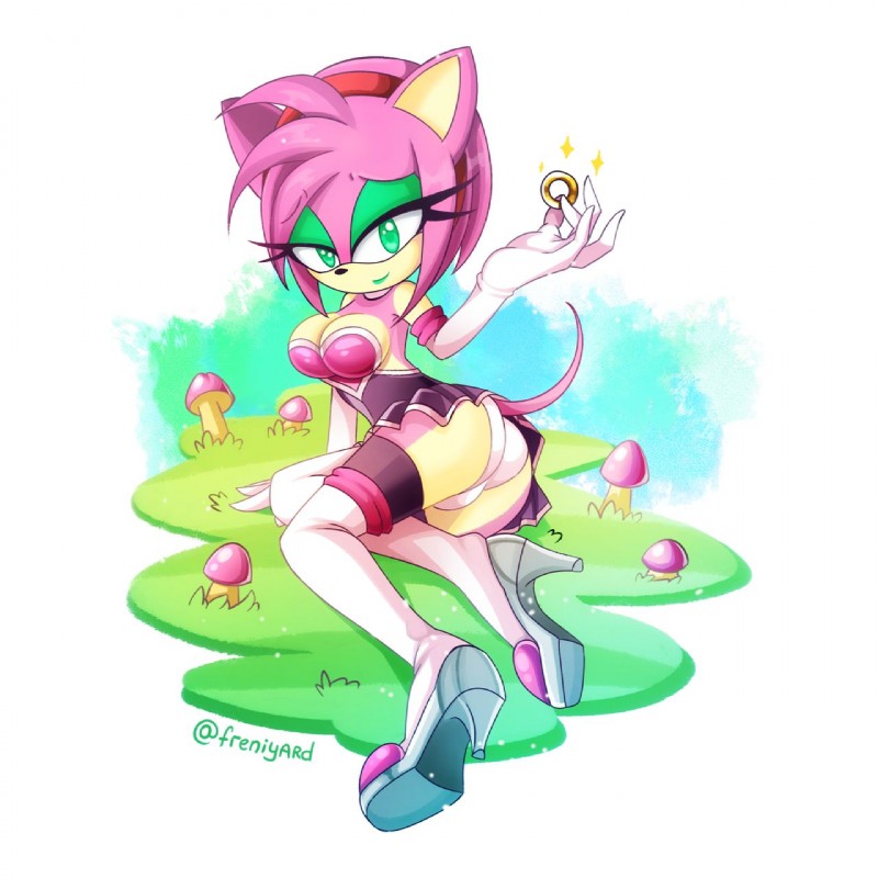 1girls, adapted costume, alternate costume, amy rose, amy the bat, cosplay, female, green eyes, hedgehog, heels, moon-yard, pink fur, pink hair, ring, rings, rouge the bat (cosplay), solo, sonic (series), sonic the hedgehog (series)