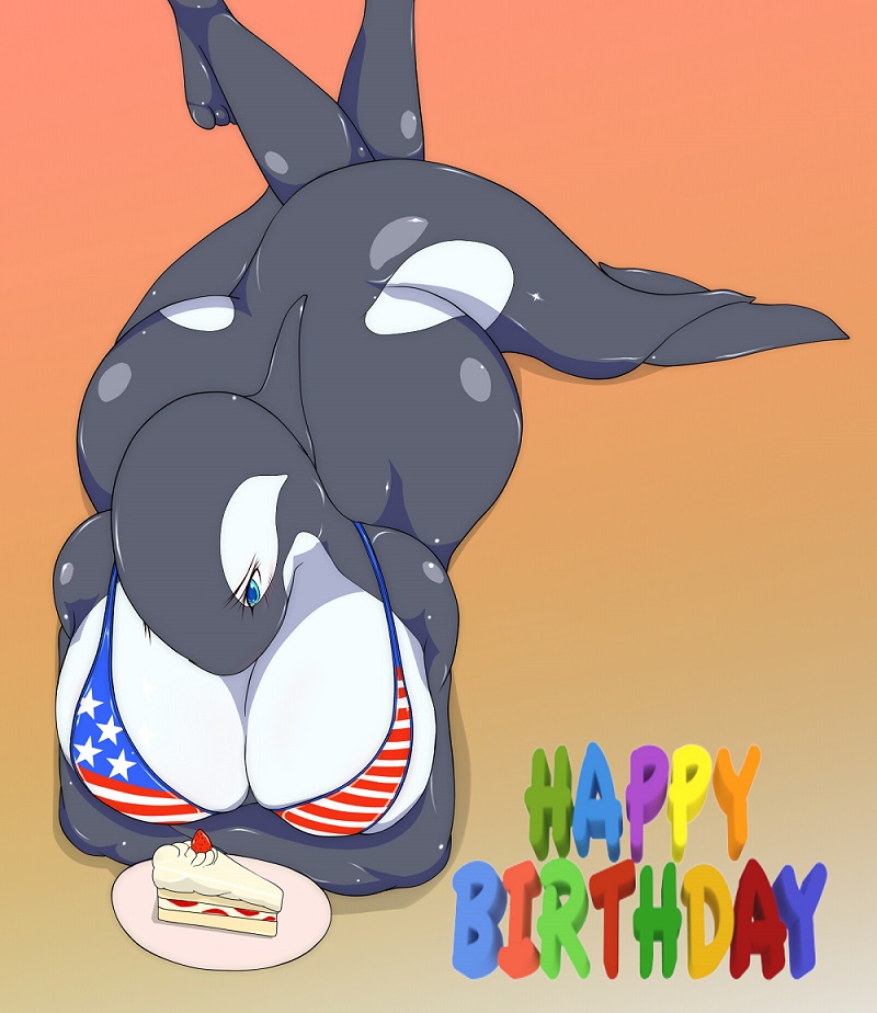 american_flag american_flag_bikini anthro ass big_butt bikini bikini_top black_body black_skin blue_eyes breasts cake cetacean cleavage clothed clothing crossed_arms delphinoid dorsal_fin female fin flukes food glistening glistening_body happy_birthday lying mammal marine oceanic_dolphin on_front orca simple_background snk_(artist) solo swimwear text toothed_whale white_body white_skin