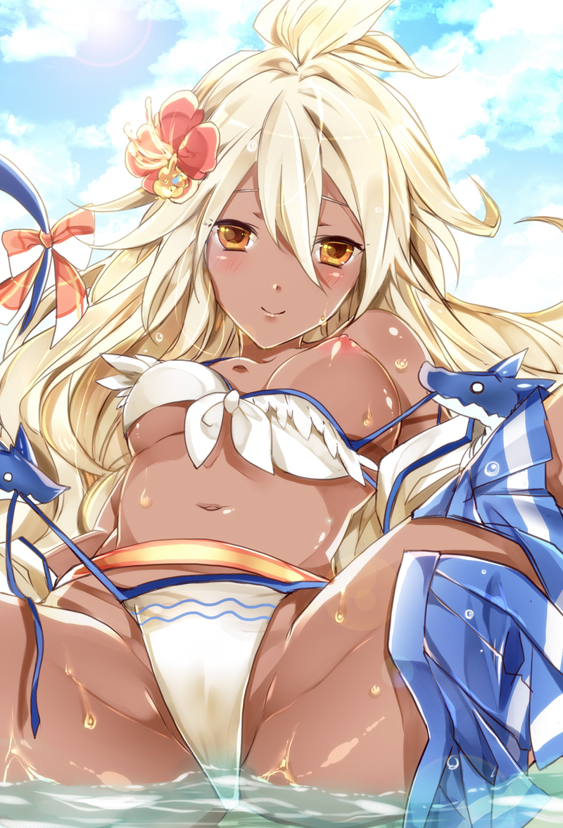 areola bikini blush breasts cloud dark_skin day dragon flower front-tie_top granblue_fantasy hair_ornament looking_at_viewer navel nipples one_breast_out raimu_(yuzu-raimu) smile sweat untied_bikini water white_bikini white_hair yellow_eyes zooey_(granblue_fantasy)