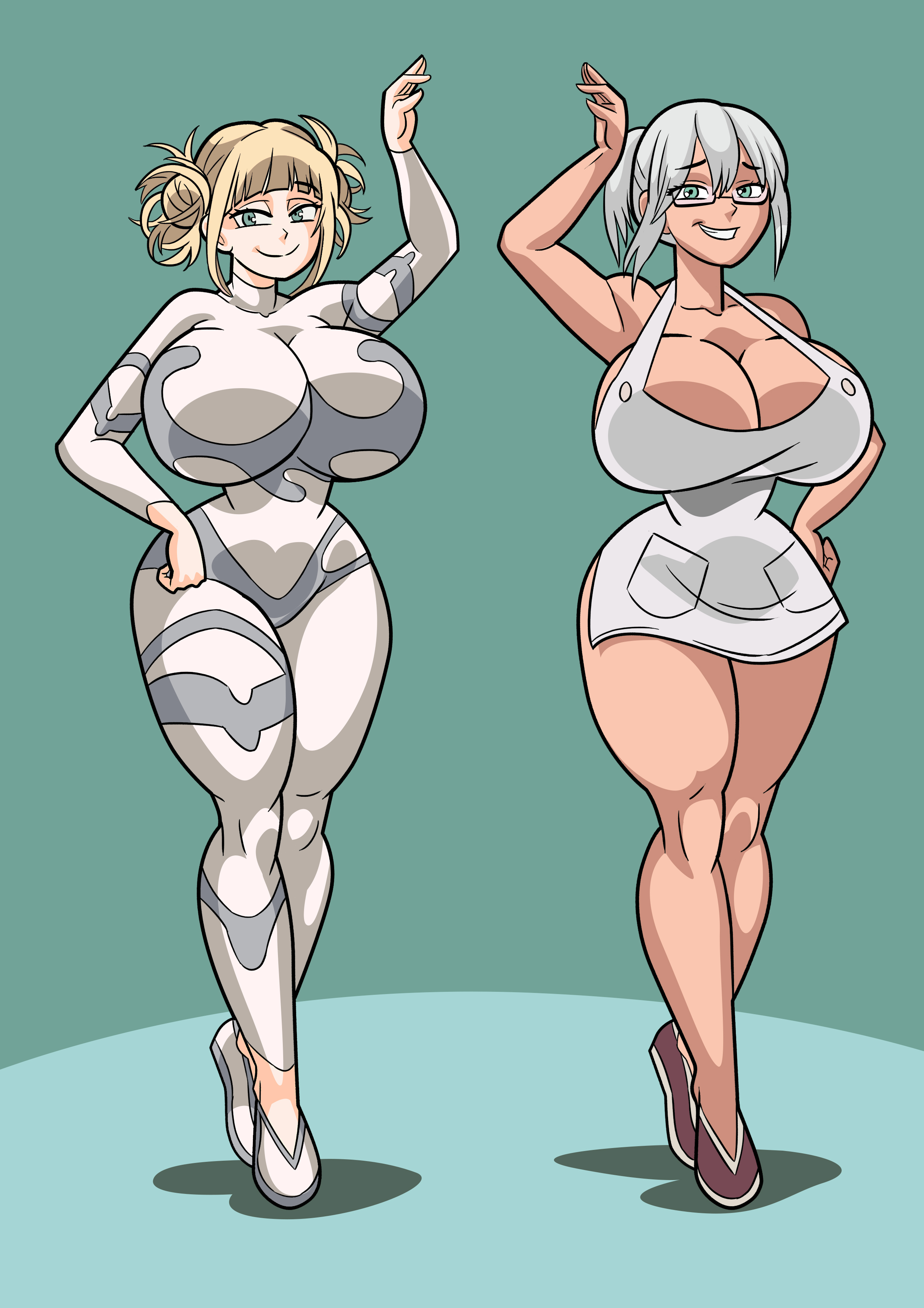 2girls, aged up, apron, art-2u, big breasts, breasts, curvy, female, fuyumi todoroki, glasses, himiko toga, huge breasts, multiple females, multiple girls, my hero academia, naked apron, seductive, smile, thick thighs