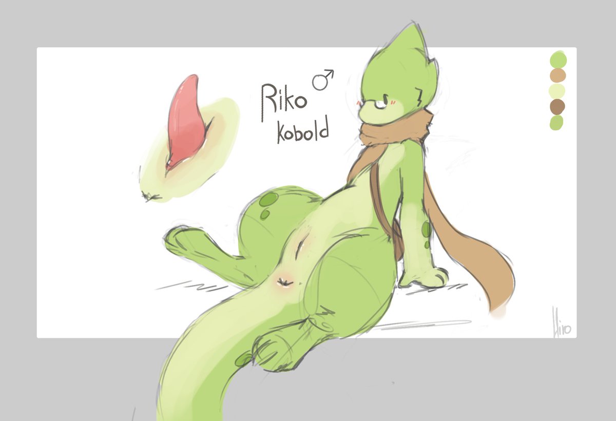 anthro anus blush eyewear genitals glasses hirowo kobold leaning leaning_back male model_sheet penis riko_kobold satchel scarf slit solo