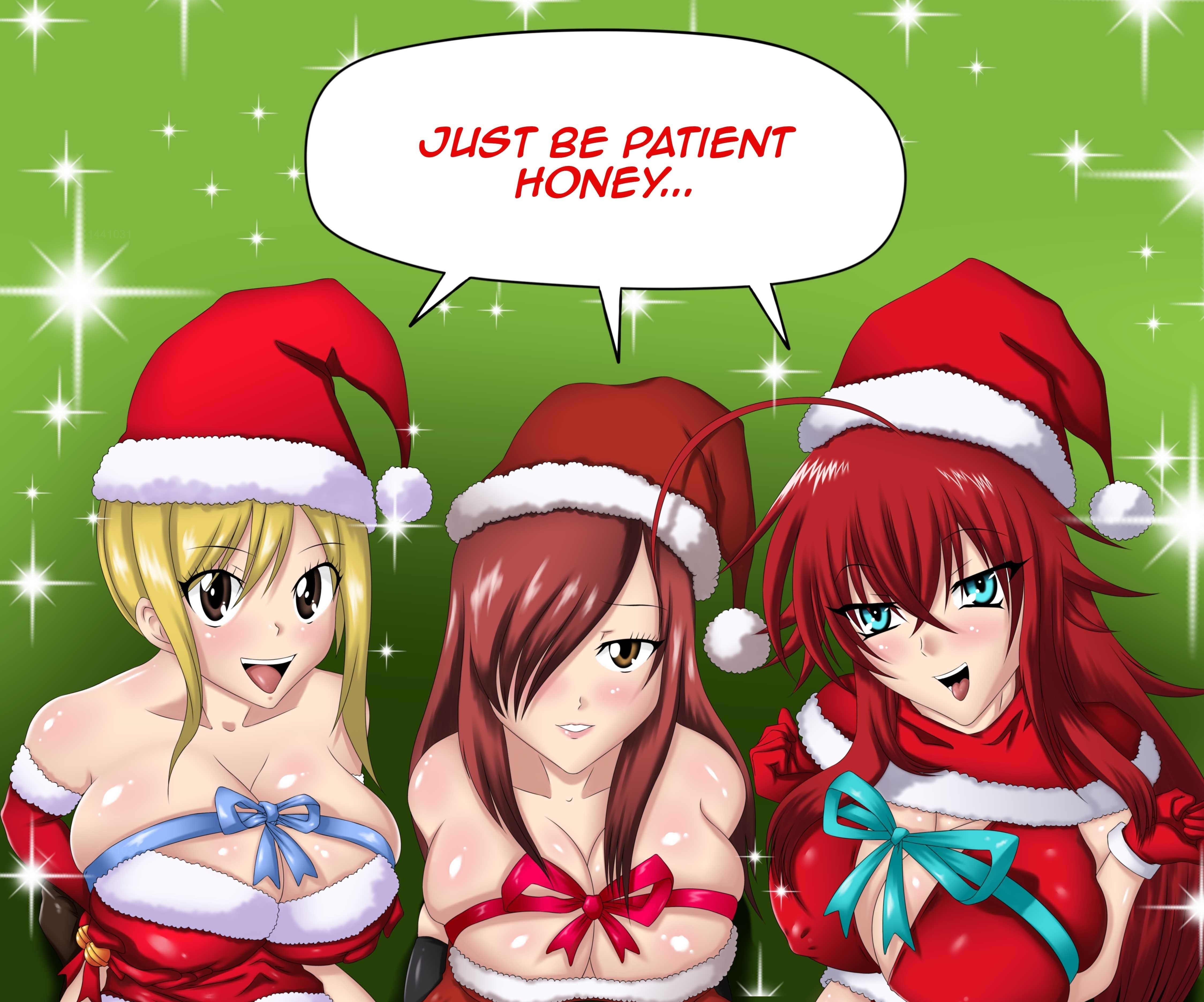 3girls, big breasts, bleedor, blonde hair, blonde-haired female, breasts, christmas, commission, crossover, demon, demon girl, erza scarlet, fairy tail, female, female only, high school dxd, lucy heartfilia, open mouth, red hair, red-haired female, rias gremory, speech bubble