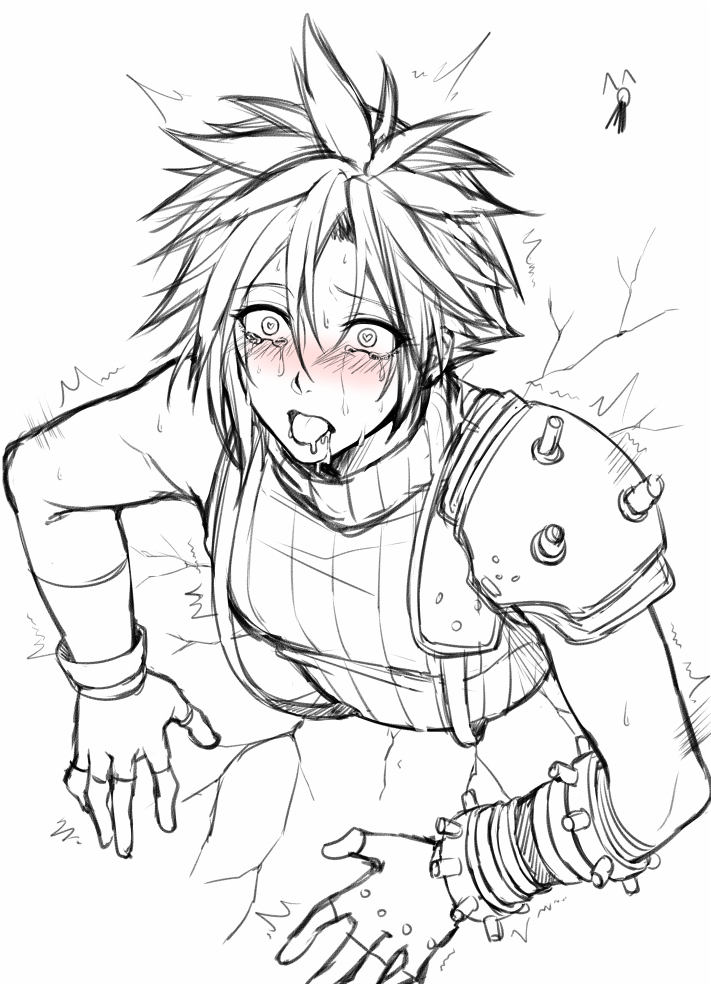 ahe gao, artist request, black and white, cloud strife, cracked wall, crying, drooling, final fantasy, final fantasy vii, fingerless gloves, gay, heart-shaped pupils, implied anal, implied fellatio, implied sex, male, rape, shoulder armor, stuck in wall, sweating profusely, tears, through wall, tongue, tongue out, twink, yaoi