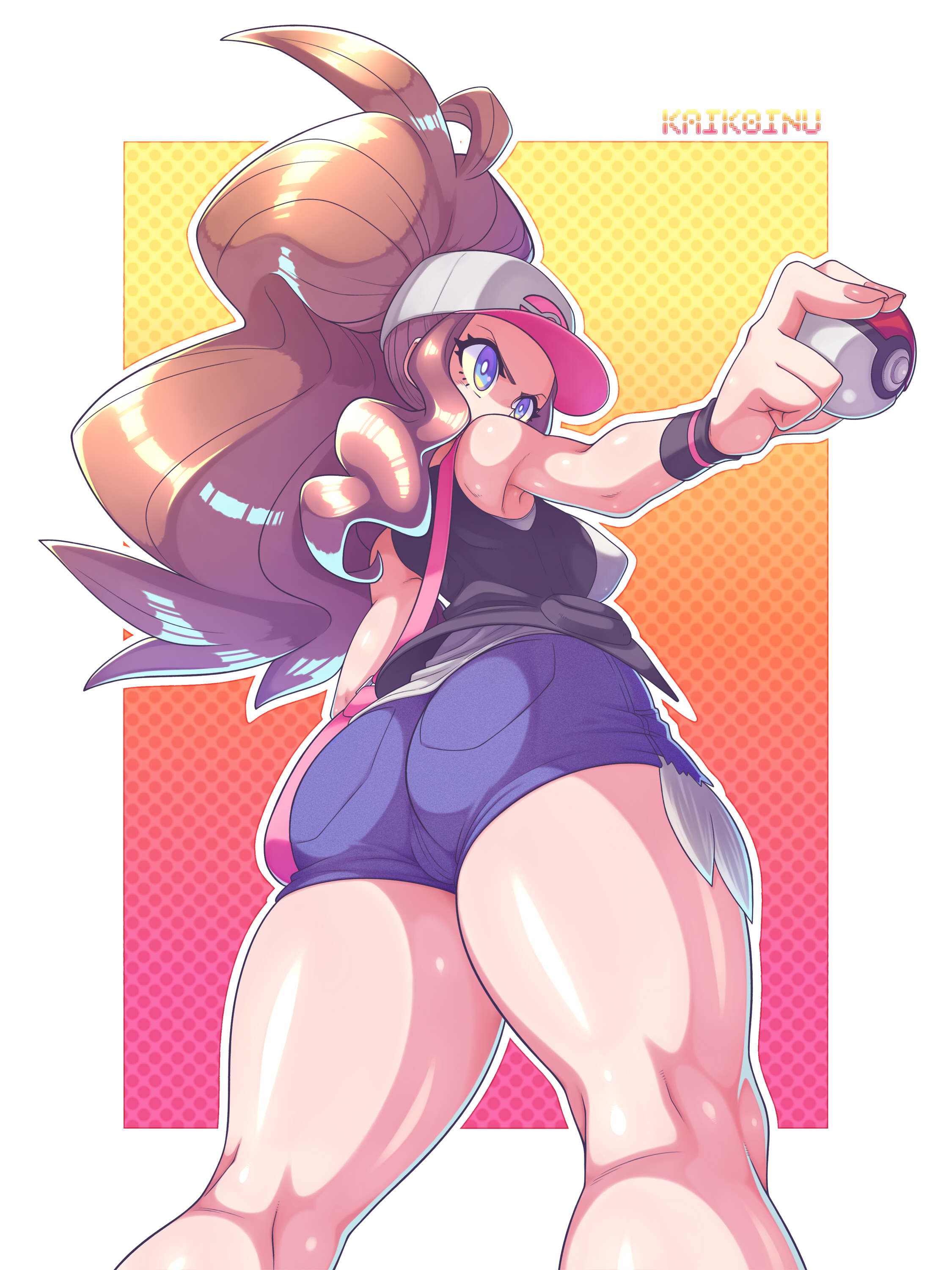1girls, aged up, alternate breast size, angry, ass, bag, big ass, blue eyes, breasts, brown hair, female, hat, high resolution, hilda (pokemon), huge ass, huge thighs, human, kaikoinu, large breasts, long hair, looking away, nintendo, poke ball, pokemon, pokemon bw, ponytail, pose, shiny hair, shiny skin, shirt, shorts, solo, standing, sweatband, thick ass, thick thighs, thigh gap, thighs, tight clothing, tight shorts, vest, white border, wide hips