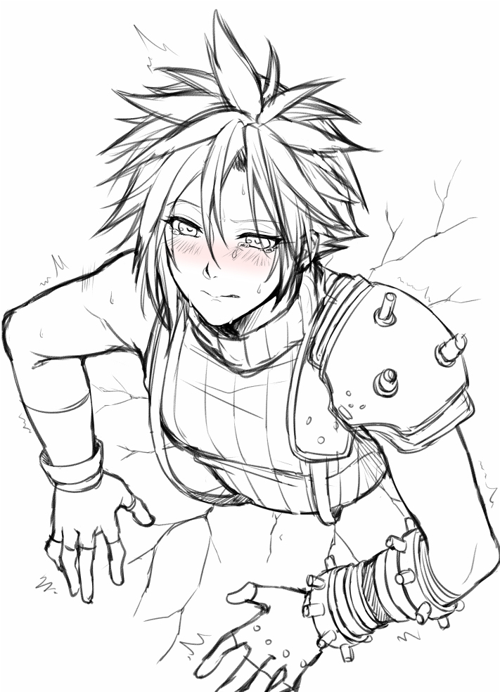 black and white, blush, cloud strife, cracked wall, final fantasy, final fantasy vii, fingerless gloves, gay, implied anal, implied penetration, implied sex, male, rape, shoulder armor, stuck in wall, sweatdrop, tears, through wall, twink, yaoi