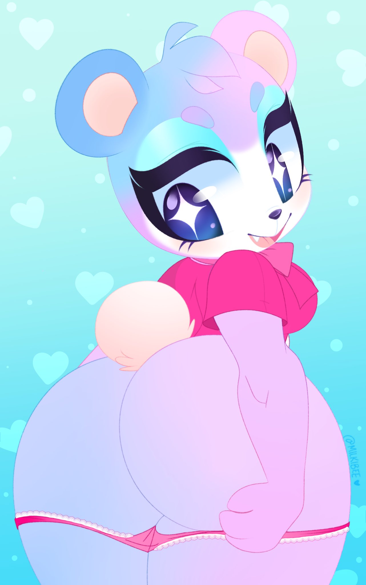 1girls, animal crossing, anthro, ass, bear, big ass, blue eyes, cub, female, female only, furry, judy (animal crossing), looking back, milkibee, nintendo, panties, panties down, pink panties, rear view, short tail, simple background, smile, solo, solo female, solo focus, ursid