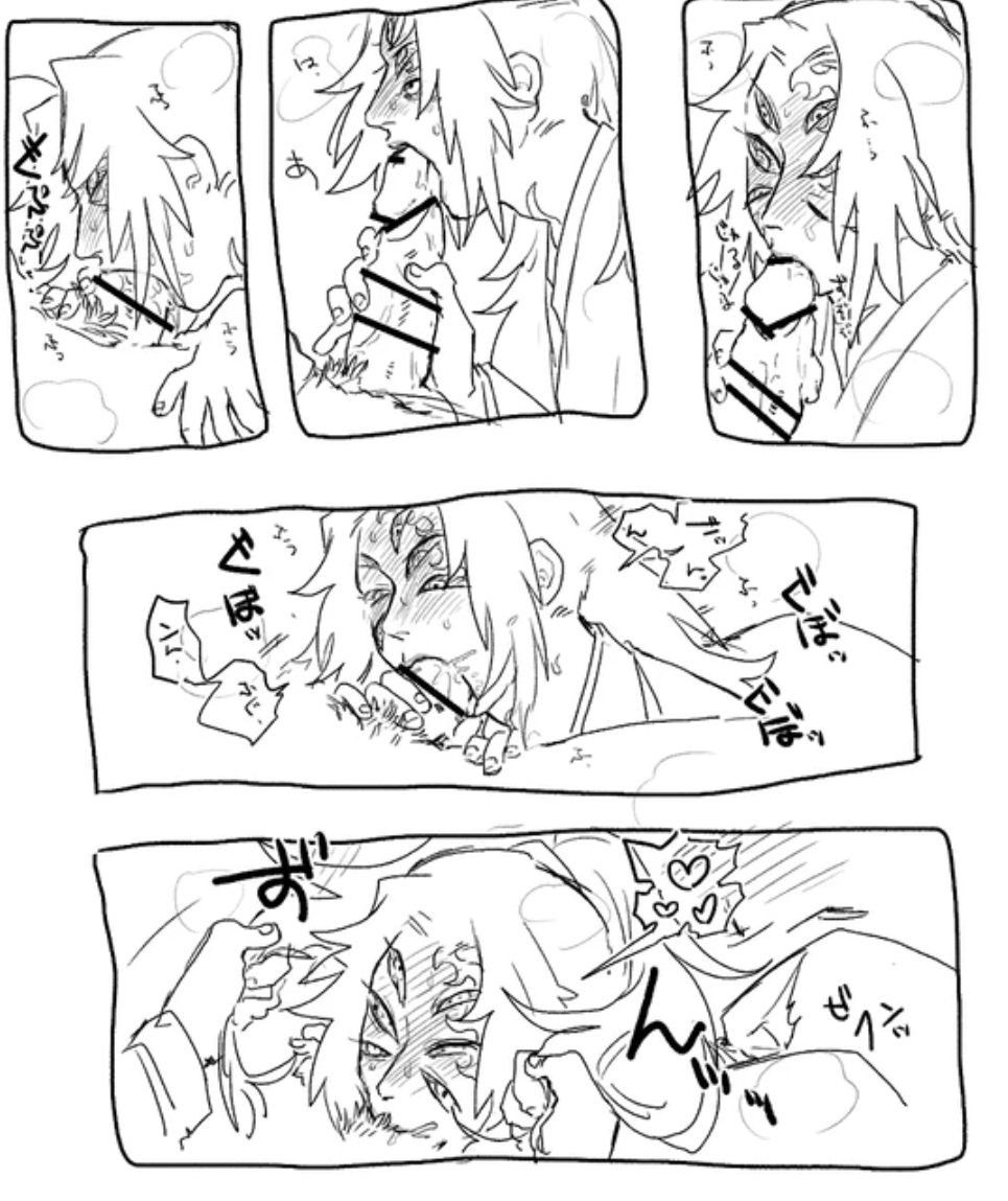 all the way to the base, blowjob, deepthroat, demon, demon slayer, eye contact, fellatio, kimetsu no yaiba, kokushibo, licking penis, male, michikatsu tsugikuni, multi eye, muzan kibutsuji, no gag reflex, oral, oral sex, penis, sketch, sliding, sliding down throat, sucking, throat barrier, throat penetration, yaoi