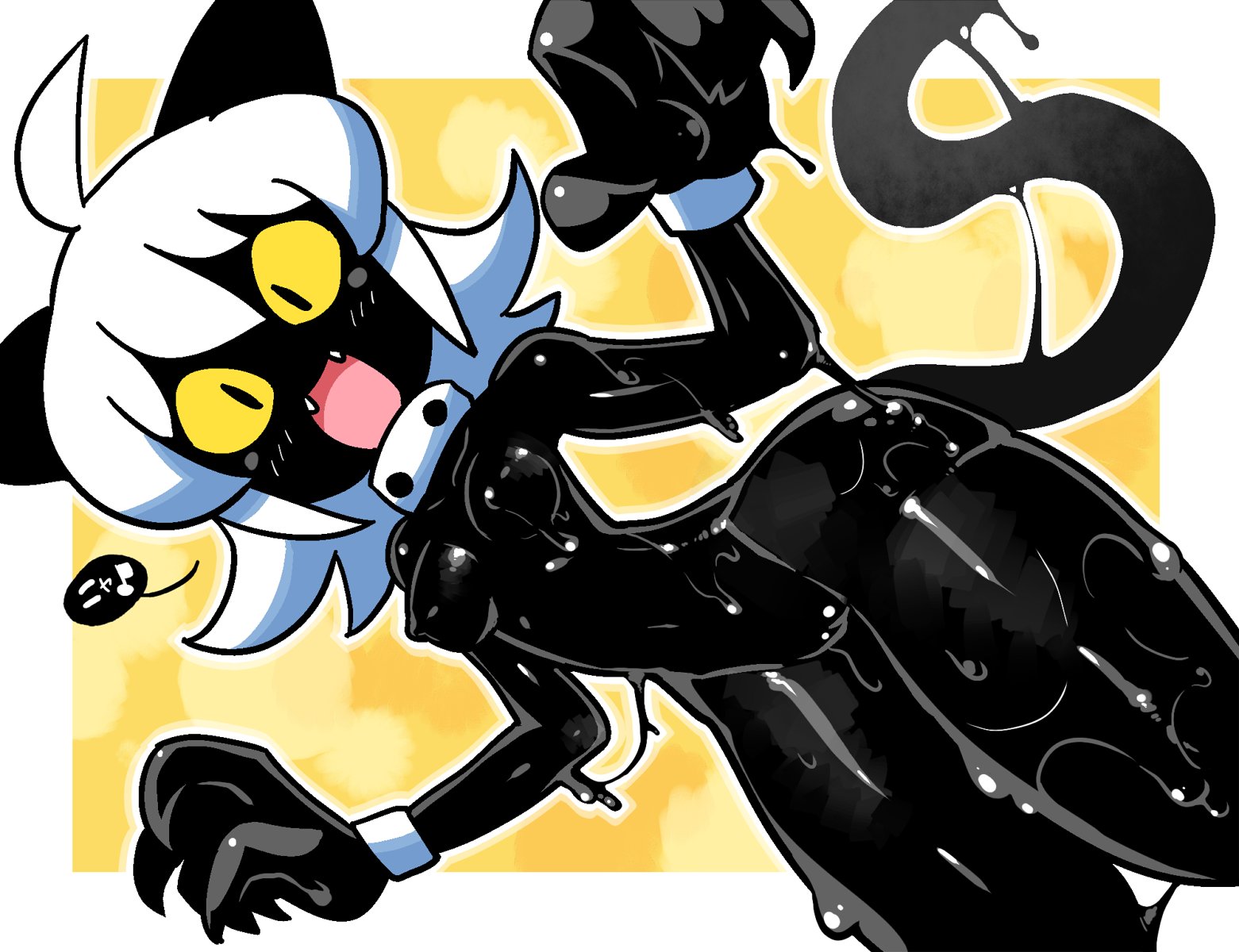 anthro, background, black goo, blush, cat ears, claws, crap-man, fangs, female, female only, goo, nenekoko (crap-man), nipples, original, original character, slime, slime girl, speech bubble, steam, steaming body, tagme, tail, text, white hair, wrist cuffs, yellow sclera