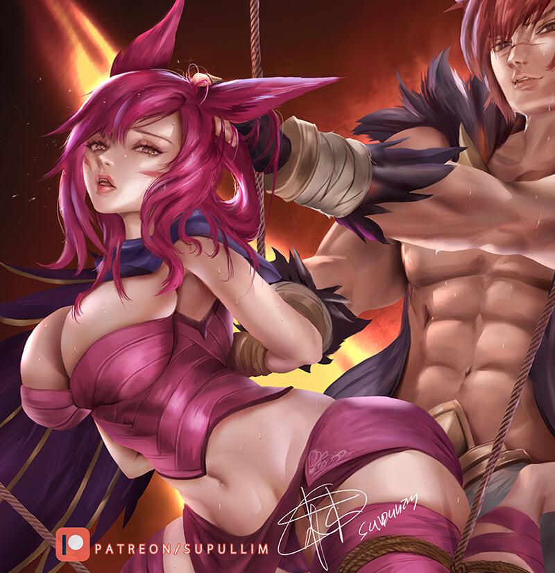 1boy, 1girls, abs, animal ears, arms behind back, arms tied behind back, artist name, artist signature, ass, bare midriff, big ass, big breasts, bondage, breasts, brown eyes, cheating, cheating girlfriend, cheating wife, cleavage, cropped legs, female, hair grab, head grab, league of legends, looking at viewer, male, muscular, orange eyes, pantyshot, patreon username, pink hair, red hair, restrained, riot games, sett, supullim, sweat, tied up, upskirt, vastaya, xayah