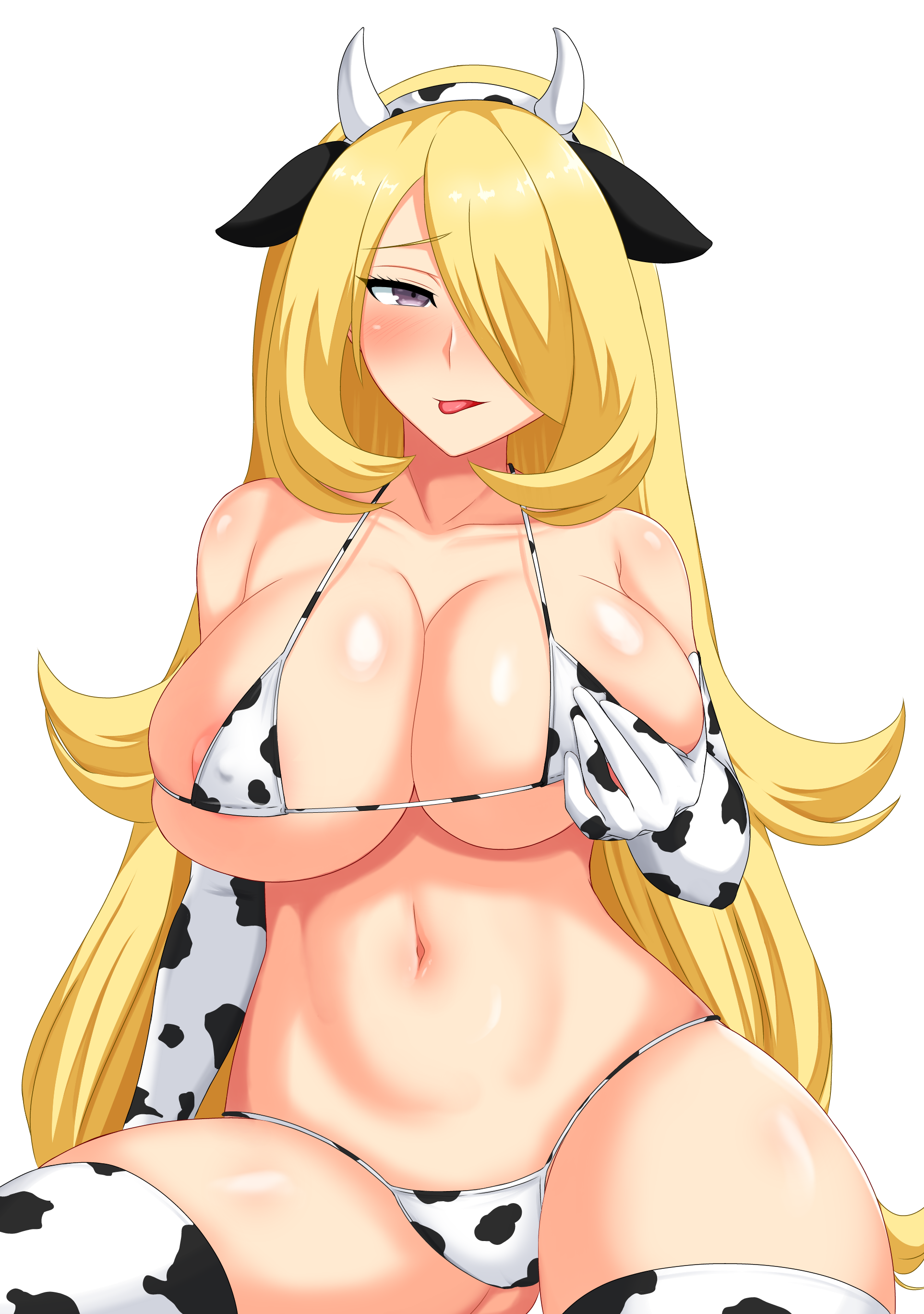 1girls, abs, alternate breast size, alternate eye color, alternate outfit, areolae, belly, big breasts, blonde hair, blush, blushing, breasts, cosplay, cow bikini, cow costume, cow ears, cow girl, cow horns, cow print, cynthia (pokemon), elbow gloves, eye contact, female, fit, gloves, grabbing own breast, grey eyes, hair ornament, hair over one eye, half-closed eyes, huge breasts, human, large breasts, long hair, looking at viewer, micro bikini, midriff, murasame (pixiv 38411450), navel, nintendo, nipples, partially visible nipples, pokemon, pokemon dppt, purple eyes, thick thighs, thigh gap, thighhighs, thighs, tongue, tongue out, underboob, white background, wide hips