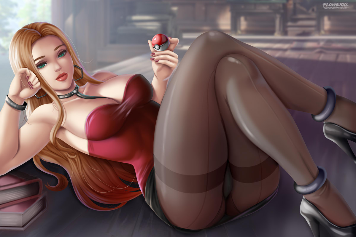 1girls, 2020, 2d, 2d (artwork), adult female, alternate breast size, armpits, artist name, ass, big breasts, black skirt, breasts, cleavage, clothed, dress, eye contact, female, female only, flowerxl, green eyes, half-closed eyes, high heels, holding object, human, human only, light skin, light-skinned female, long hair, looking at viewer, mature female, nintendo, oleana (pokemon), orange hair, pokeball, pokemon, pokemon ss, questionable, skirt, smirk, solo, solo female, straight hair, thick thighs, upskirt, wide hips