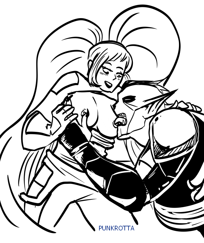 1boy 1girls alien bare_breasts black_and_white breasts clothed entrapta female hordak licking_breast male masters_of_the_universe nipple nipple_rub nipples punkrotta she-ra_and_the_princesses_of_power straight tongue touching_nipples