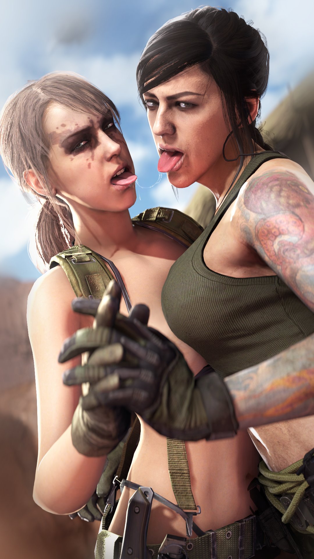 2girls 3d breasts call_of_duty crossover curvy female female_only gloves greatm8 holding_hands kissing konami latina looking_at_viewer mara_(cod) medium_breasts metal_gear metal_gear_solid metal_gear_solid_v modern_warfare quiet_(metal_gear) realistic saliva saliva_trail source_filmmaker stefanie_joosten tattoo tongue tongue_out yuri