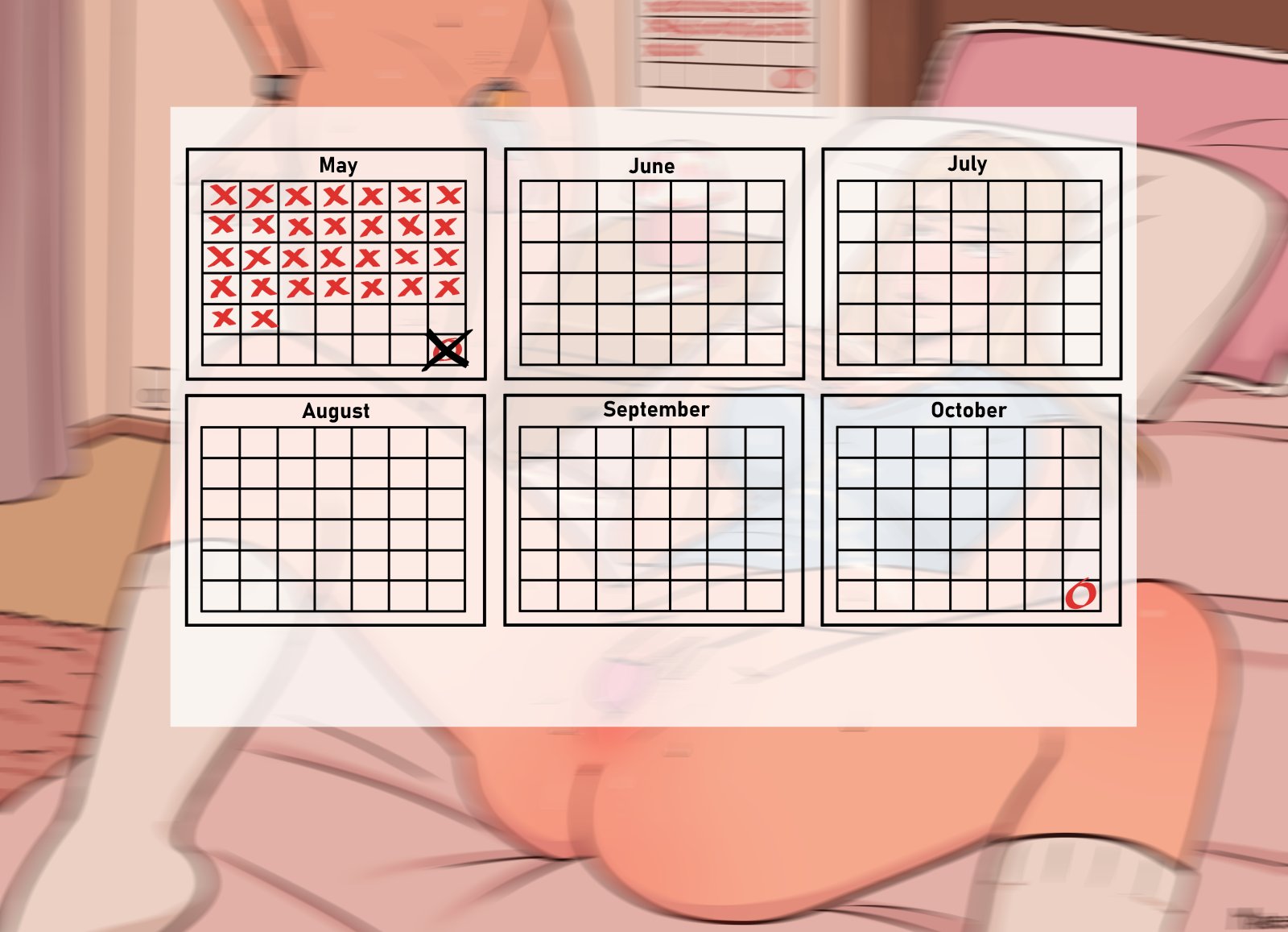 1boy, 1girls, arms behind back, ass, balls, bed, bedroom, belly, belly button, big breasts, blonde hair, blush, breasts, calendar (medium), chastity, chastity cage, closed eyes, cum, cum drip, cum in chastity, cum on body, cum on breasts, cum on face, cum on upper body, dildo, dildo in pussy, dildo penetration, faceless male, female, femdom, handcuffs, hands tied, laying down, looking at partner, male, malesub, mare ten, orgasm, orgasm face, panties, penis, precum, pussy, pussy juice, sex toy, shaking, small penis, socks, sweat, sweatdrop, tagme, thick thighs, thighs, vagina, vaginal insertion, vaginal object insertion, vaginal penetration