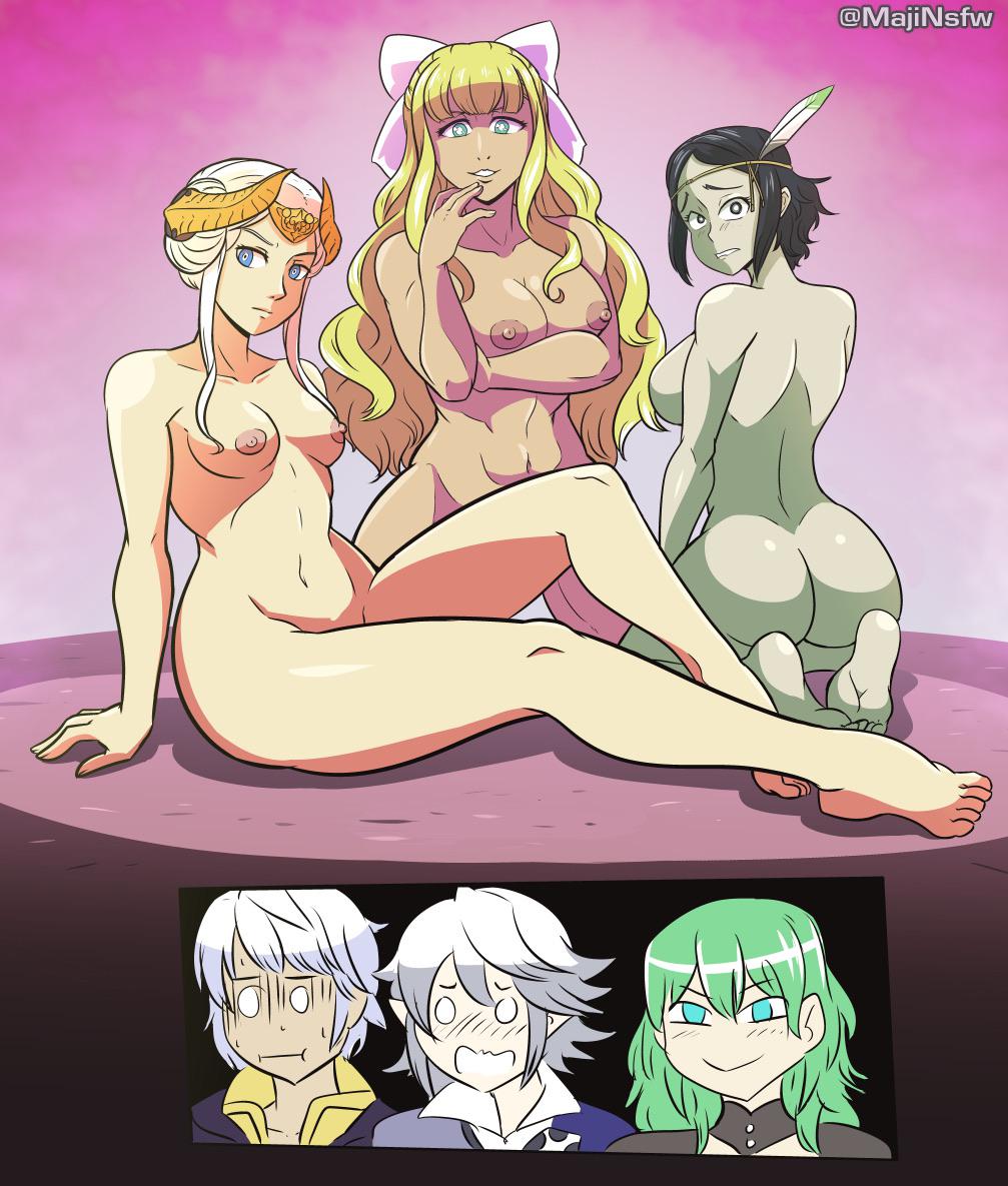2boys, 4girls, abs, ass, barefoot, big ass, black hair, blonde hair, blue eyes, blush, breasts, byleth (fire emblem), byleth (fire emblem) (female), charlotte (fire emblem), corrin (fire emblem), corrin (fire emblem) (male), edelgard von hresvelg, embarrassed, enlightened byleth (female), feet, female, fire emblem, fire emblem awakening, fire emblem fates, fire emblem: three houses, full body, green hair, grey eyes, huge ass, huge breasts, large breasts, long hair, majinsfw, male, medium breasts, medium hair, muscular, muscular female, naked, naughty face, nintendo, nipples, noire (fire emblem), nude, nude female, posing, post-timeskip, robin (fire emblem), robin (fire emblem) (male), seductive, seductive smile, short hair, smile, thick thighs, white hair