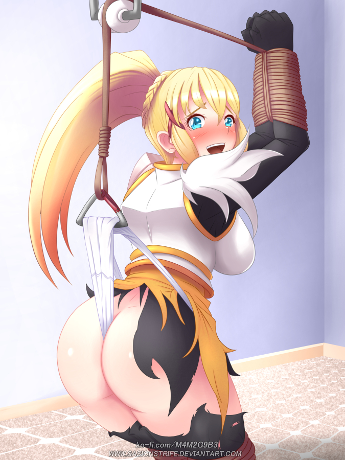 1girls, armor, arms tied, ass, big ass, black clothing, blonde hair, blue eyes, blush, bondage, braid, darkness (konosuba), female, female masochism, female only, femsub, happy, happy female, happy sub, horny female, imogenwedgielove, kono subarashii sekai ni shukufuku wo!, legs tied, long hair, looking at viewer, looking back, looking back at viewer, masochism, masochist, panties, panty pull, partially clothed, penalty game, ponytail, predicament bondage, ripped clothing, ripped pants, rope, rope bondage, sasionstrife (artist), smile, tagme, torn clothes, torn clothing, wedgie, white panties, willing sub