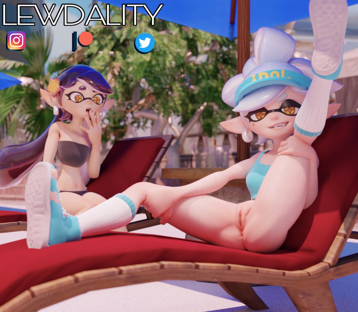 2girls, 3d, 3d (artwork), bottomless, callie (mandalafurikake), callie (splatoon), curvaceous, curvy, female, highres, inkling, lewdality, marie (splatoon), marie (wo262), nintendo, patreon, pool, poolside, pussy, pussy juice, sitting, splatoon, splatoon 2, spread legs, spreading, squid sisters, swimsuit, teasing, teenager, thick, thick thighs, vagina, vaginal penetration, wo262 (3d model style)