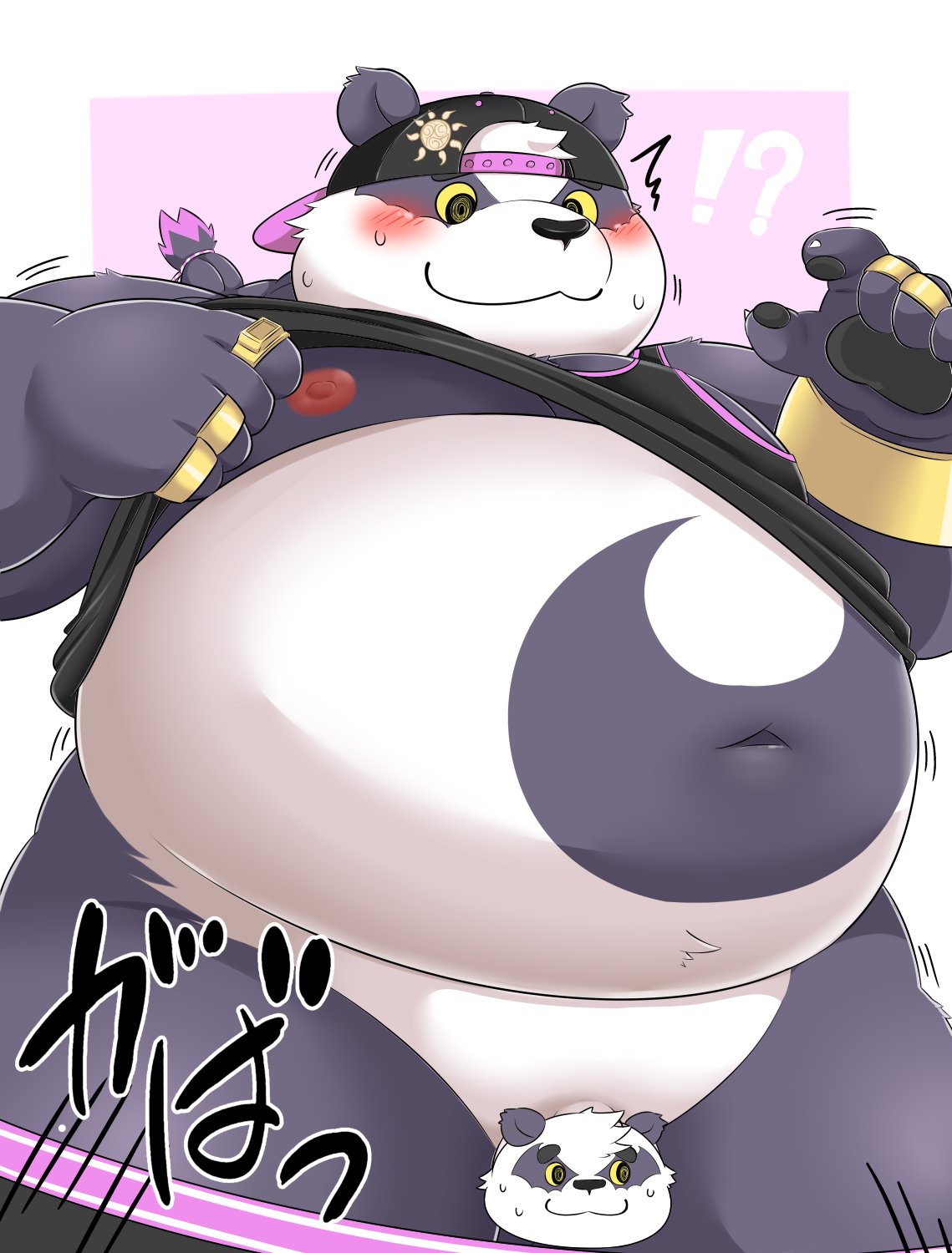 2020 alp_(tokyo_afterschool_summoners) anthro bake_gosut barely_visible_genitalia barely_visible_penis belly black_nose blush censored clothed clothing fur genitals giant_panda hat headgear headwear hi_res humanoid_hands kemono male male_only mammal moobs navel nipples open_shirt overweight overweight_male penis purple_body purple_fur shirt simple_background solo tokyo_afterschool_summoners topwear ursid video_games white_body white_fur