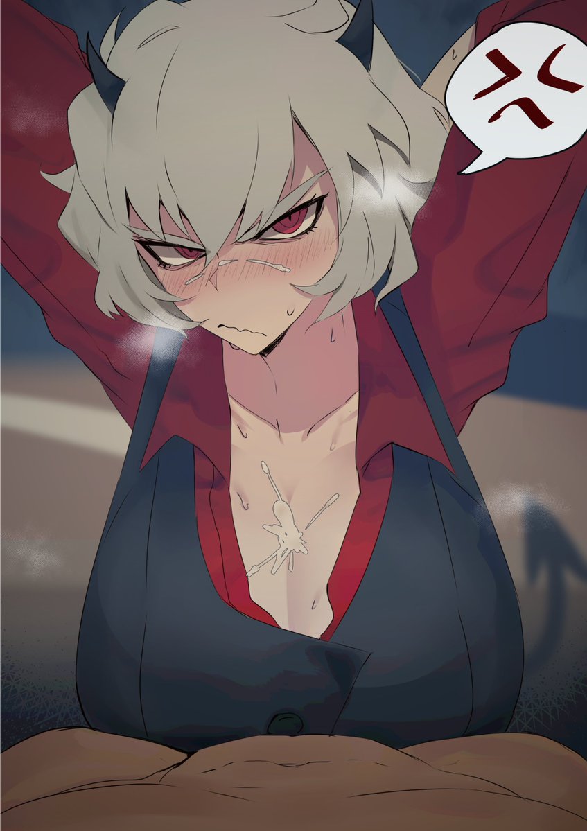 1boy angry angry_paizuri arms_behind_head arms_up big_breasts blush breasts cum_between_breasts cum_on_breasts cum_on_face demon demon_girl demon_horns ejaculation_between_breasts female hands-free_paizuri helltaker horns large_breasts looking_at_viewer male_pov malina_(helltaker) paizuri perma pov red_eyes straight tomboy white_hair