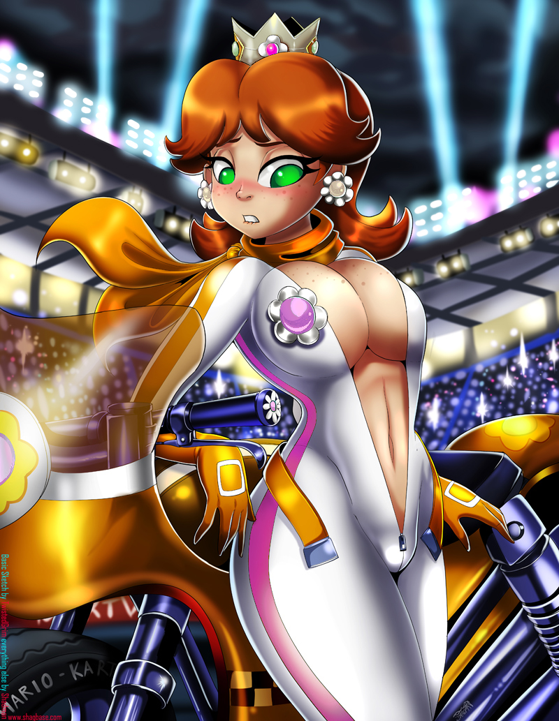 1girls biting_lip blue_eyes blush bodysuit breasts brown_hair cleavage clothed clothing color crown earrings erection female female_only freckles gloves hair human jumpsuit large_breasts light-skinned_female mario_(series) mario_kart midriff mostly_clothed motorcycle navel nintendo penis penis_out princess_daisy scarf shadman solo standing unzipped